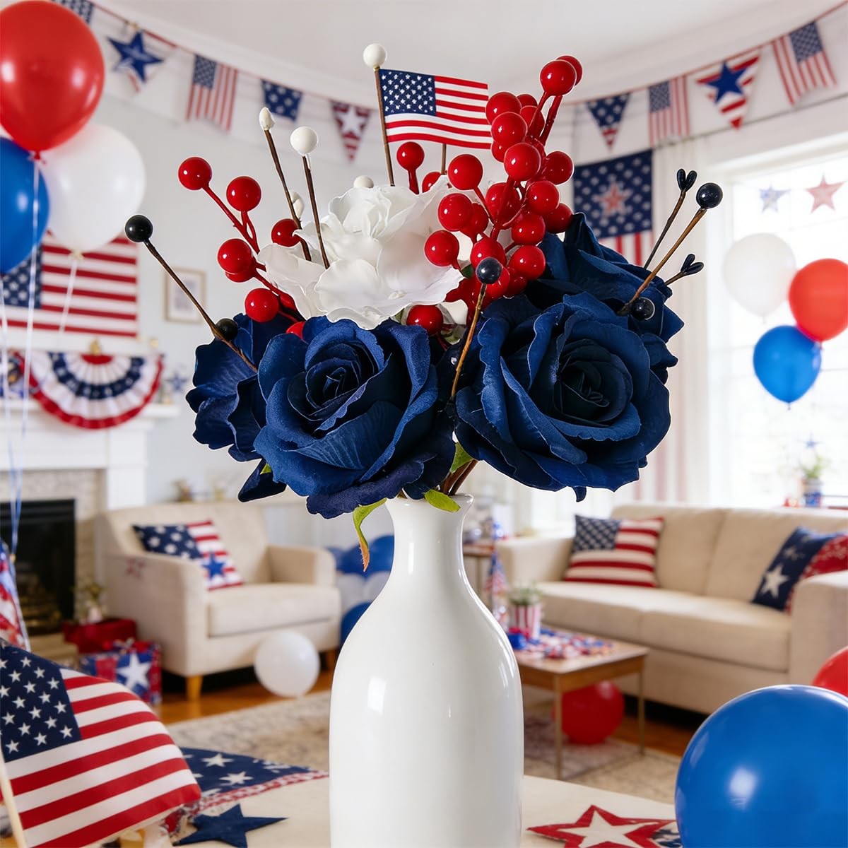 Patriotic Artificial Rose Flowers Berry Stem Picks Red White Blue Silk Floral…