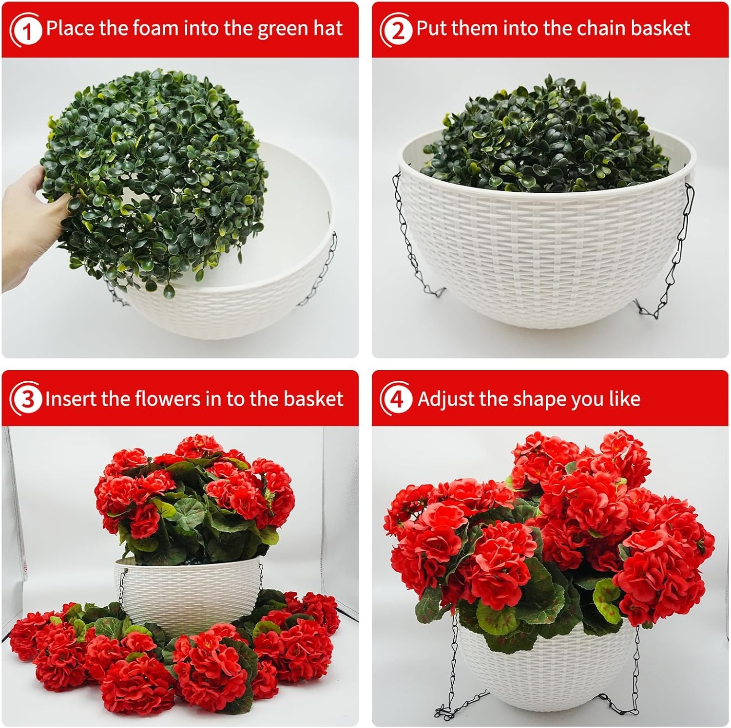 2Pcs Artificial Geranium Hanging Baskets Faux Flowers Indoor Outdoor Display