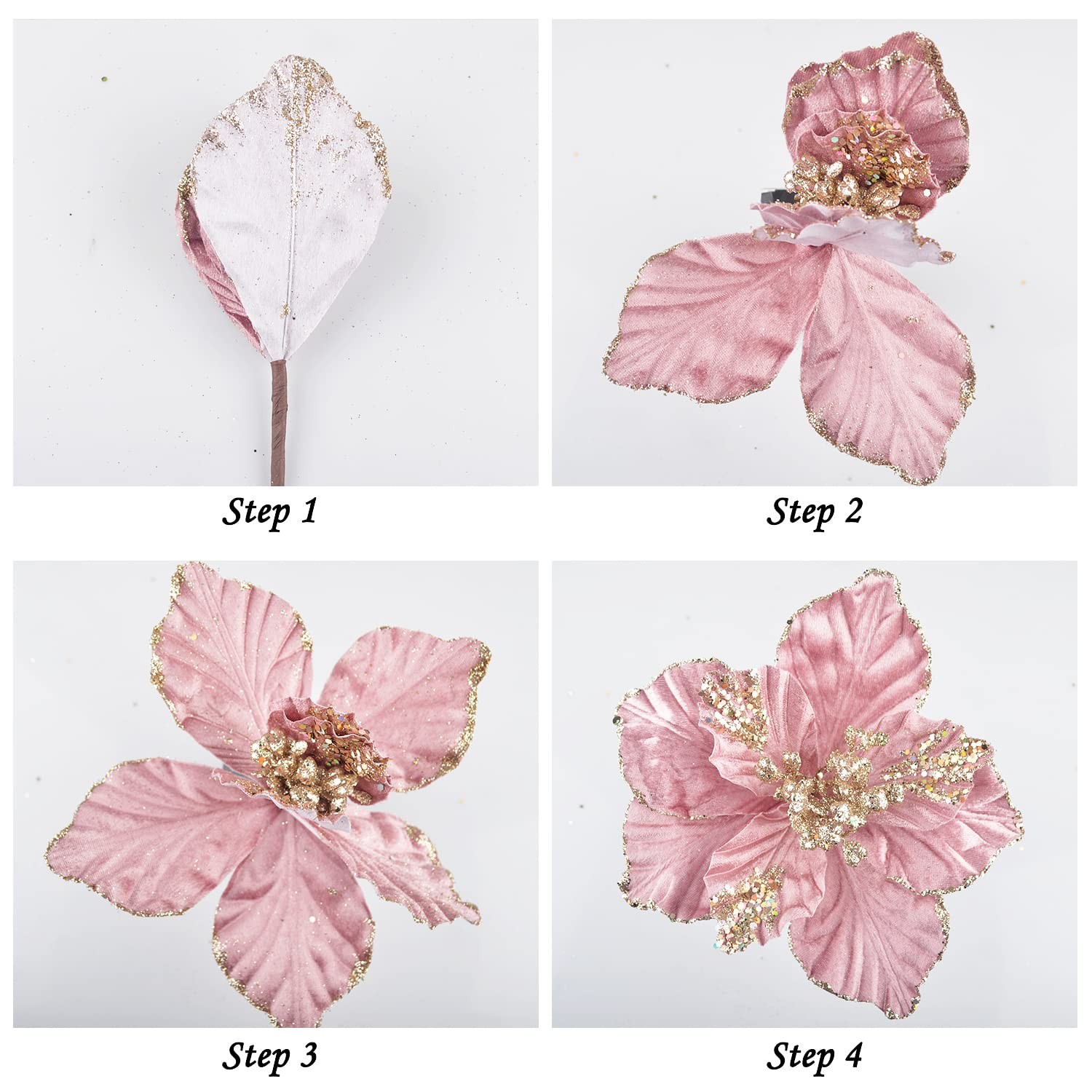 6 PCS Chunky Glitter Christmas Flowers Large Velvet Poinsettia Ornaments White