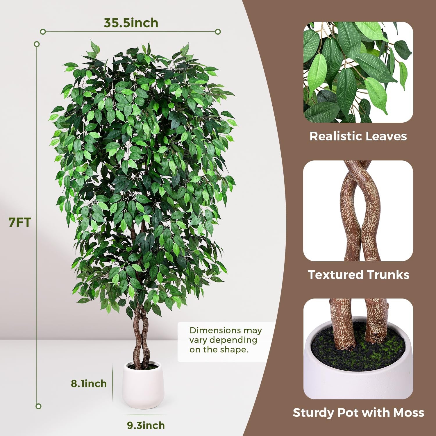 Jocoevol 7FT Artificial Ficus Tree, Tall Faux Trees Indoor White Planter, Dried