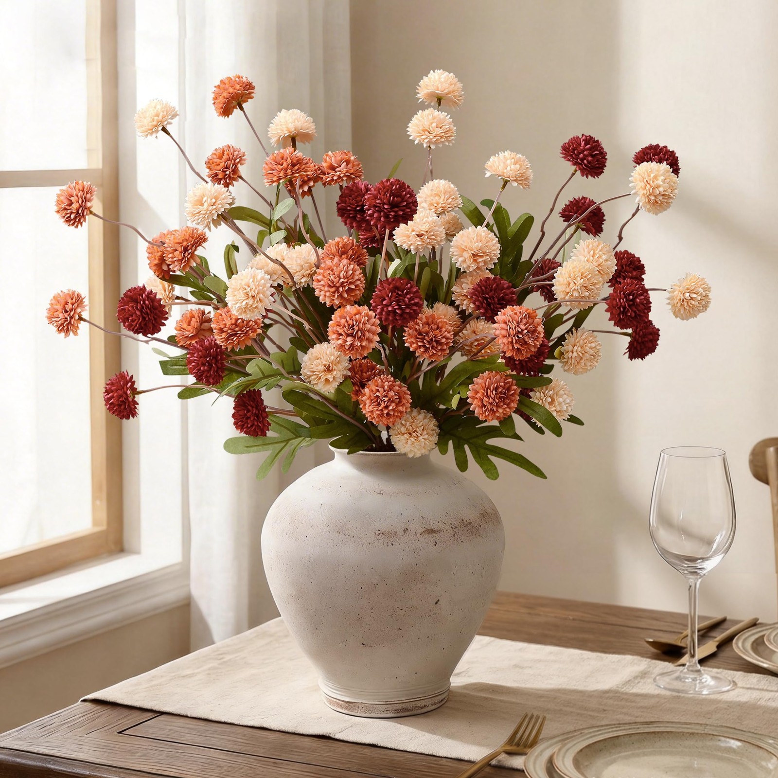 10pcs Faux Silk Pompon Flowers, Mini Chrysanthemums, Fall Decor Centerpieces