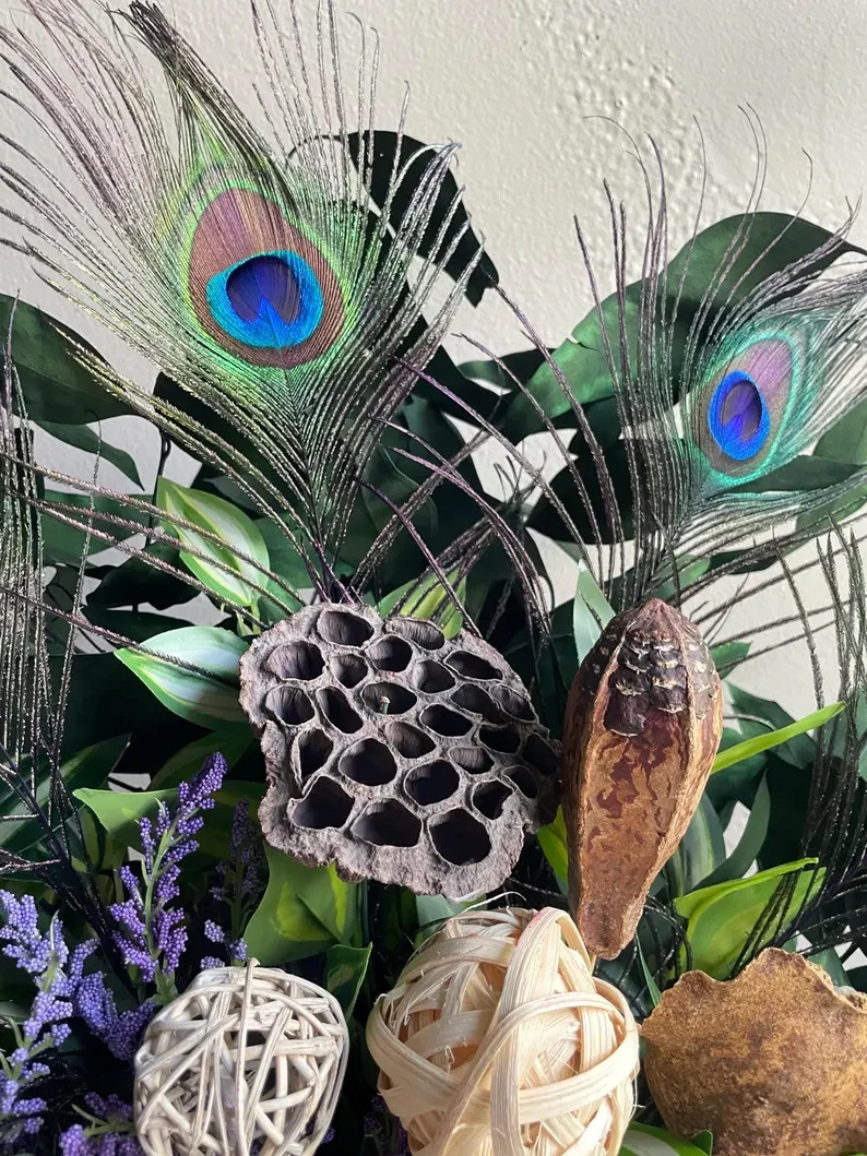 Peacock Centerpiece: Purple & Green Floral Arrangement, Cute Earthy Home Decor
