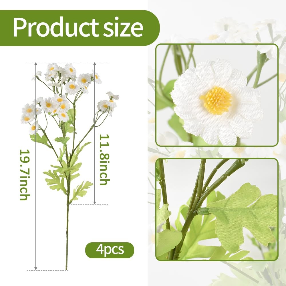 Artificial Chamomile 4pcs, 19.7″ Fake Daisy White Faux Flowers for Home Kitch…