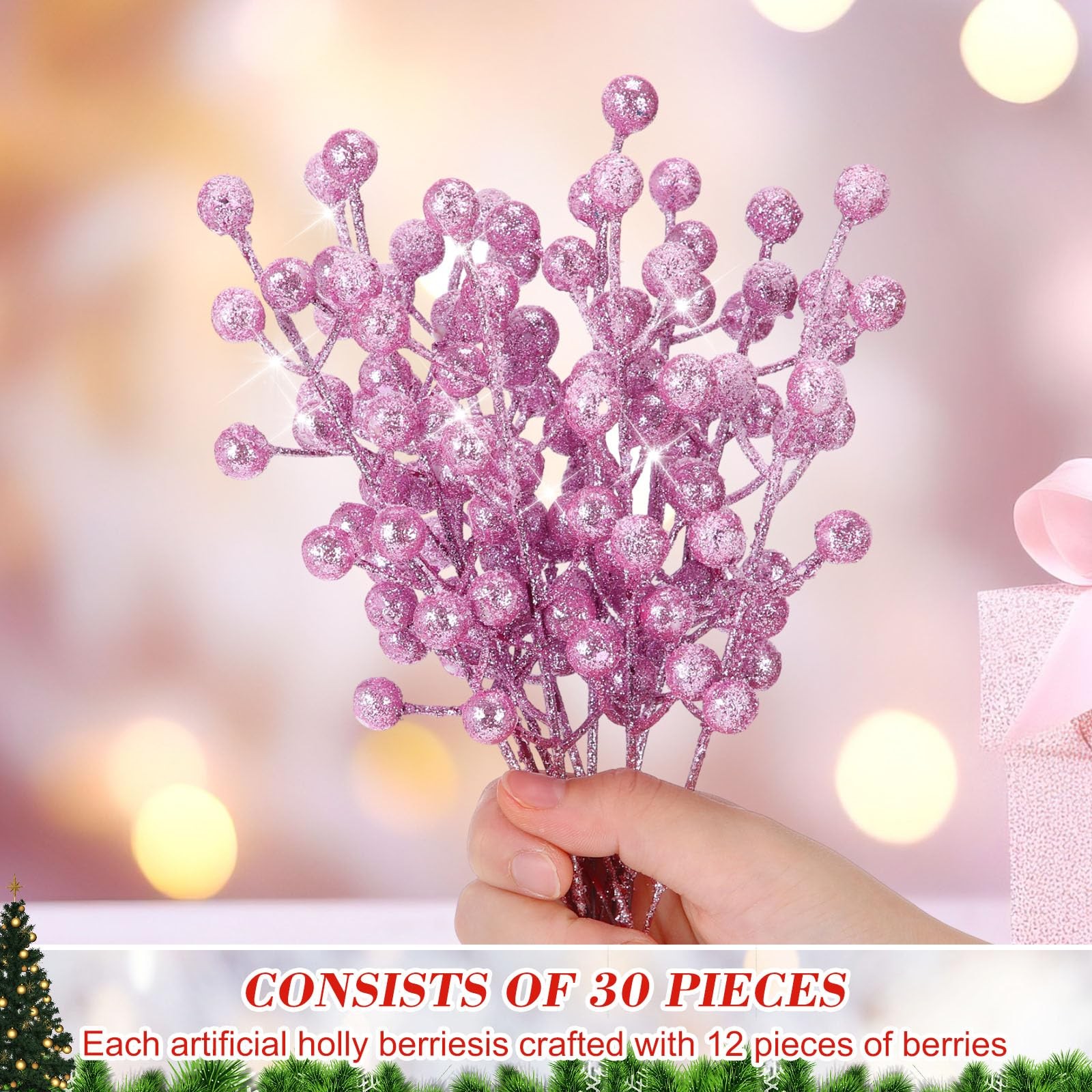 30 Pieces Artificial Christmas Berry Picks with Snowflake Glitter Holly Berry…