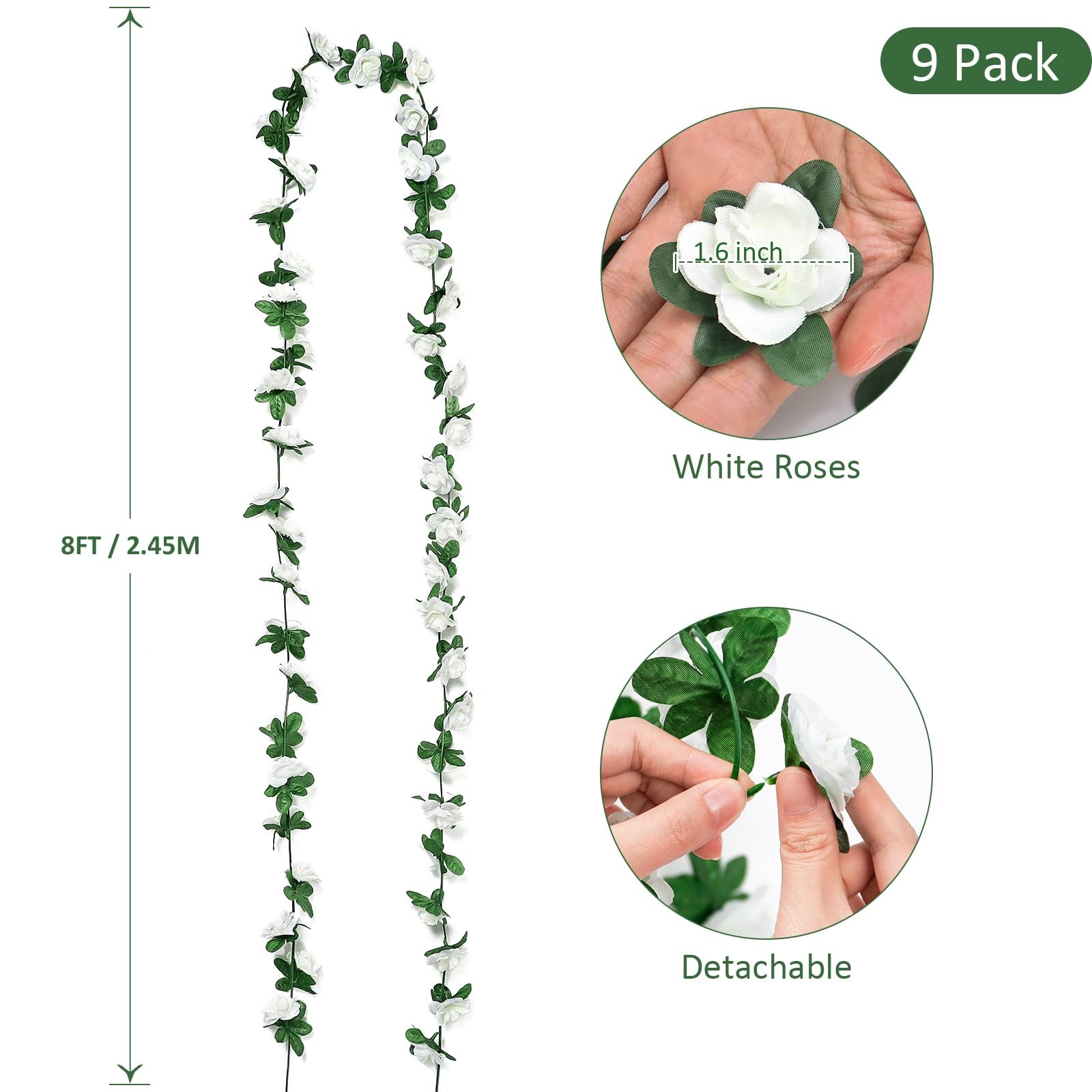 9 Pack 72 FT Artificial Rose Garland Silk Flowers Vines Outdoor Hanging Floral I