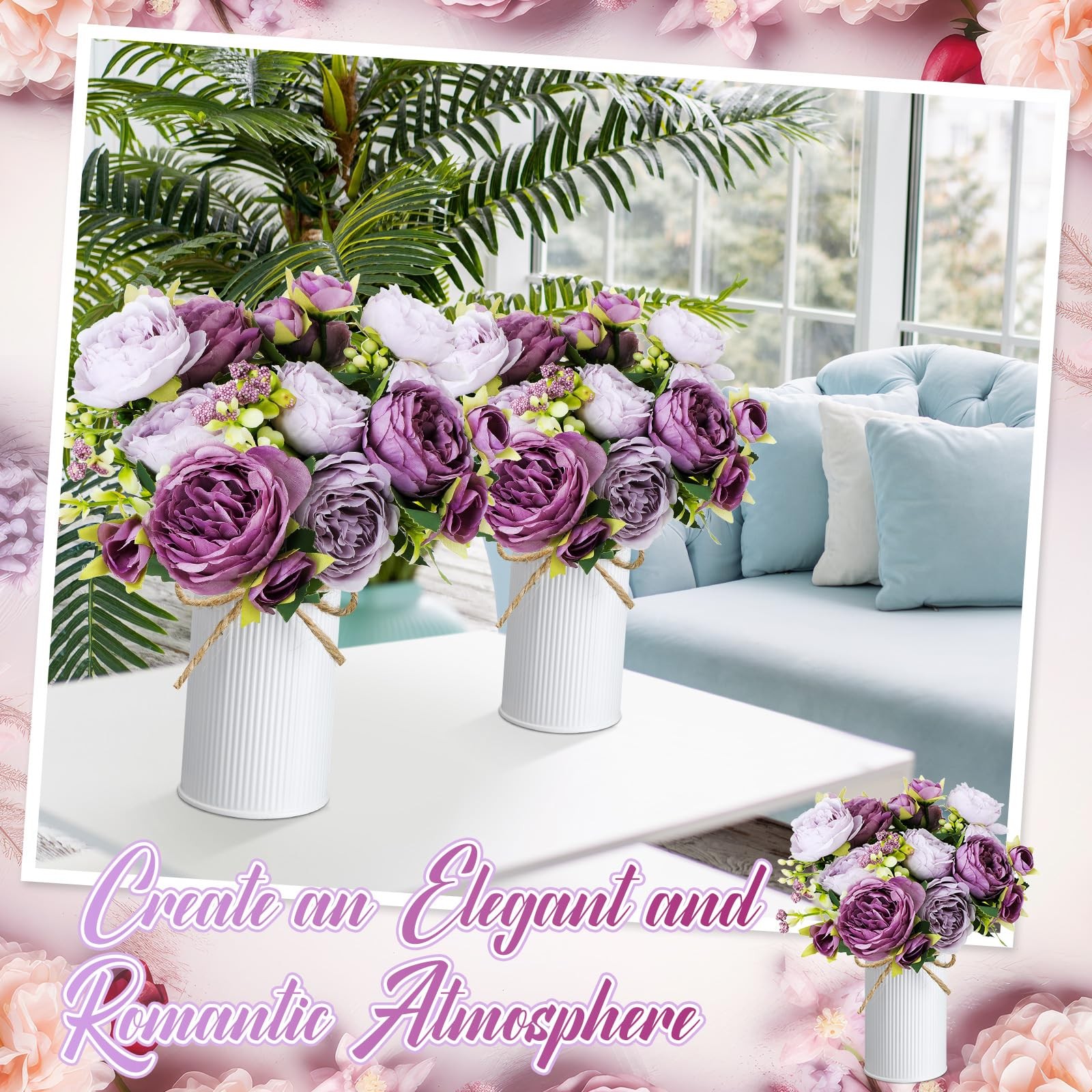 3 Sets Artificial Peonies Flower Peony Bouquet with Galvanized Metal Pot Silk…