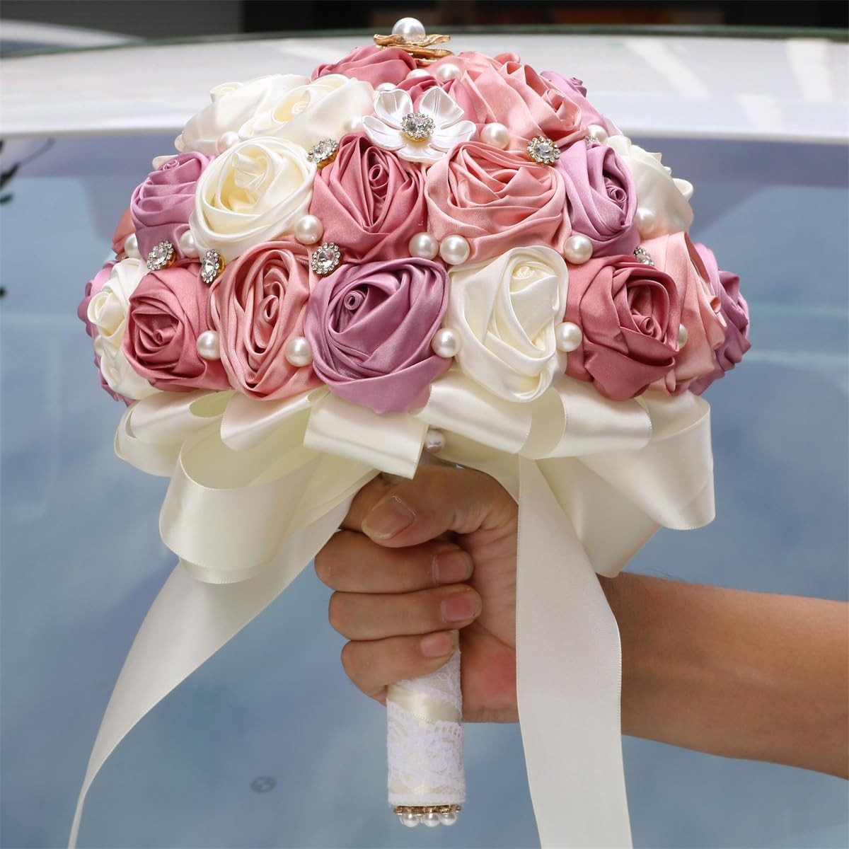 Mhojpik 7.5″ Bridal Wedding Bouquet Round Bling Brooch Bouquet Throw Toss Art…