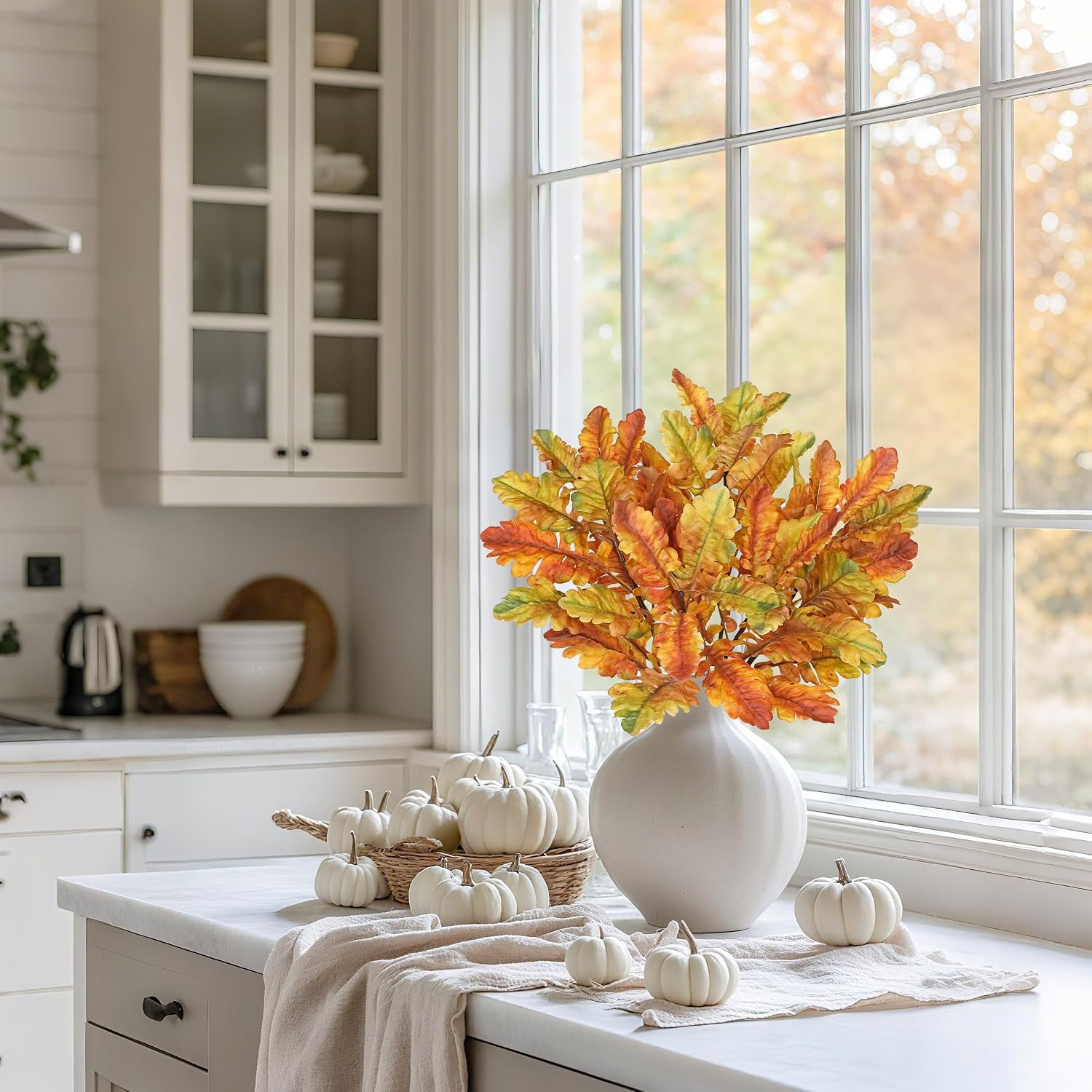 Faux Oak Leaf Branches 5 Pcs Fall Leaf Stems for Vases, 18″ Fall Leaves Stems Ar