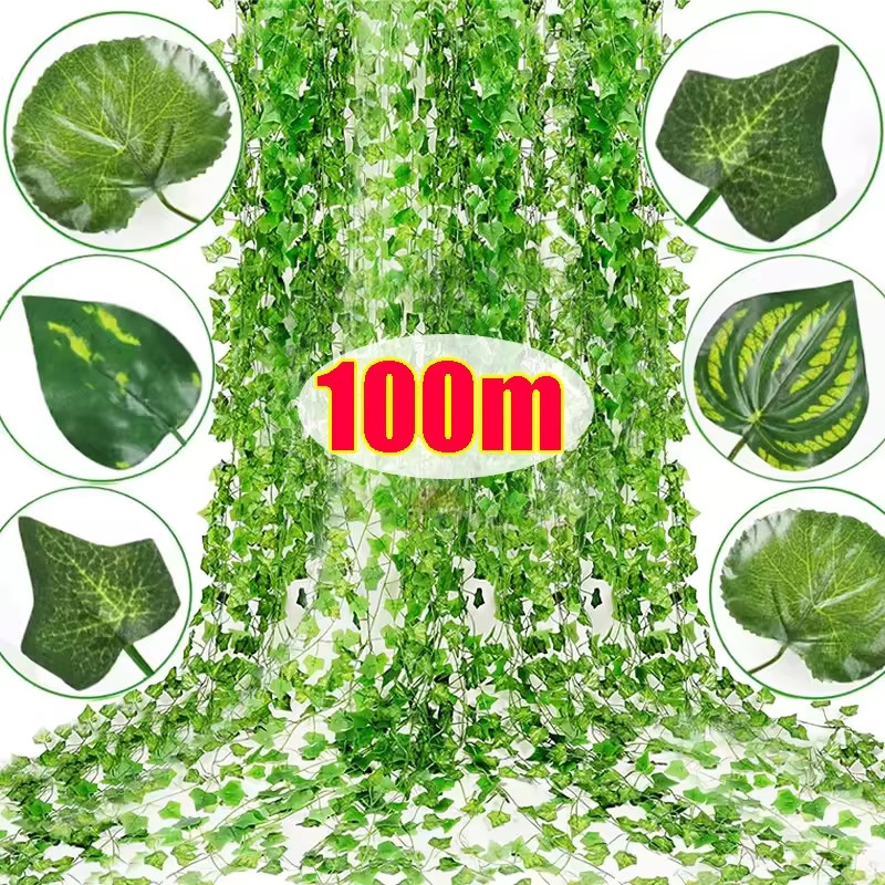 2/100m Artificial Green Ivy Vine Garland Fake Leaf Plants Rattan Hanging Creeper
