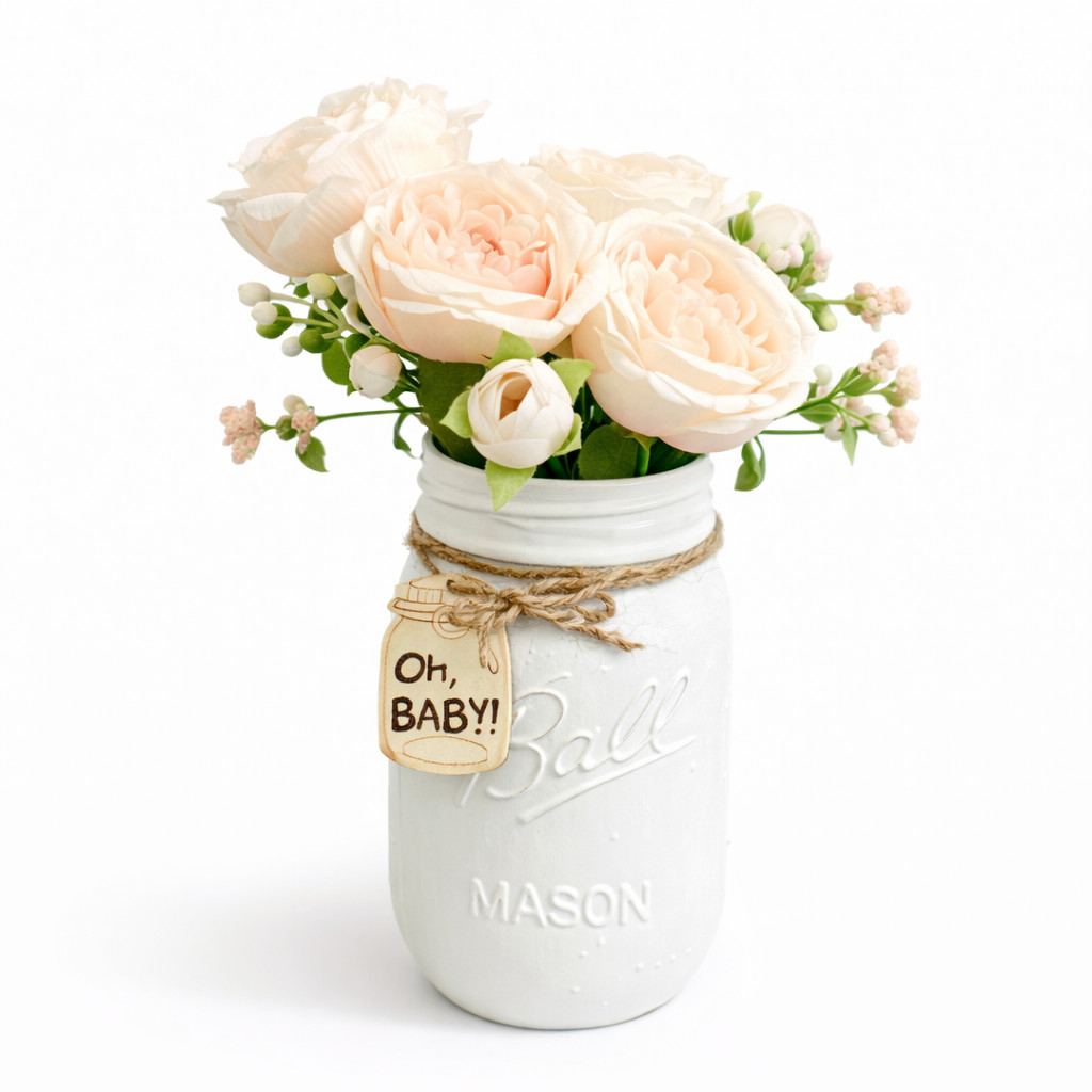 Pink English Rose Mason Jar Arrangement Baby Shower Centerpiece Nursery Decor