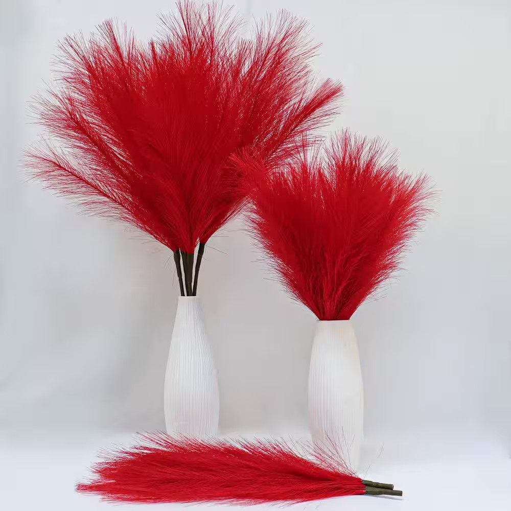 1.81 in Dark Red Artificial Plant 5 Pcs Faux Pampas Grass Tall Fluffy Bulrush Re