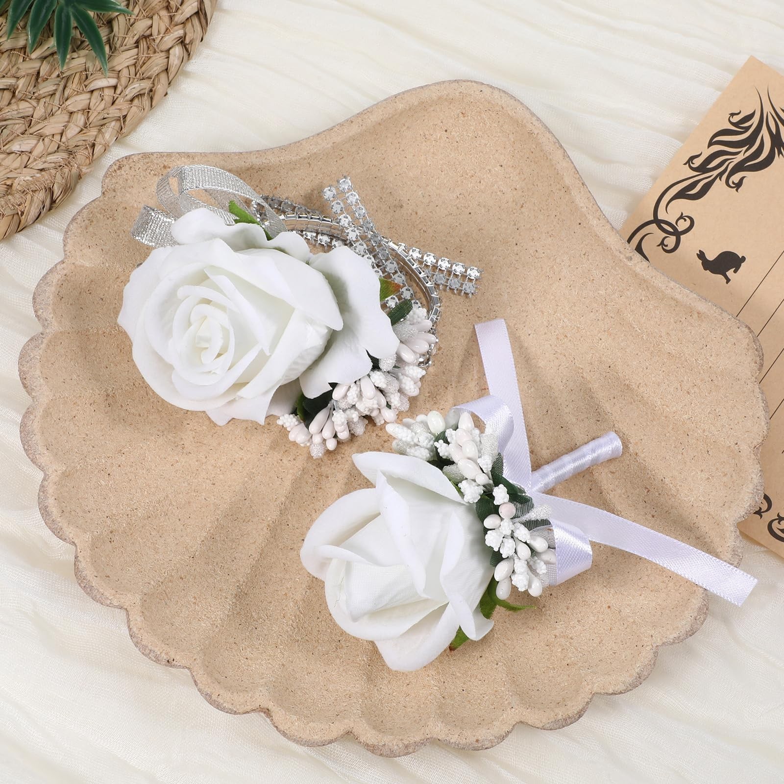 White Rose Corsage Boutonniere Set, Rhinestone 2Pcs Prom