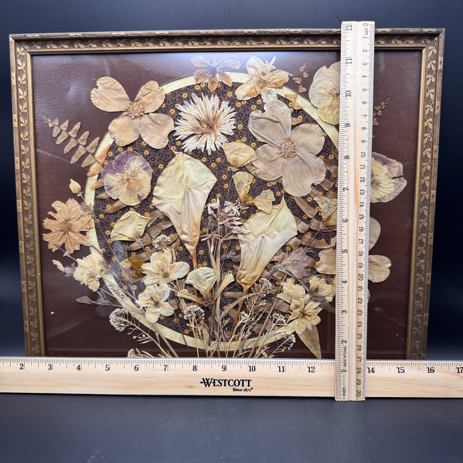Vintage Pressed Dried Flower Art Wooded Botanical Frame Signed by Artist