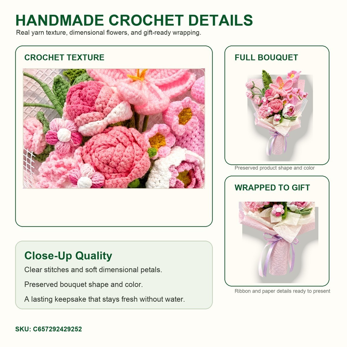 Large Pink Crochet Rose Bouquet Anniversary Wedding Gift for Her