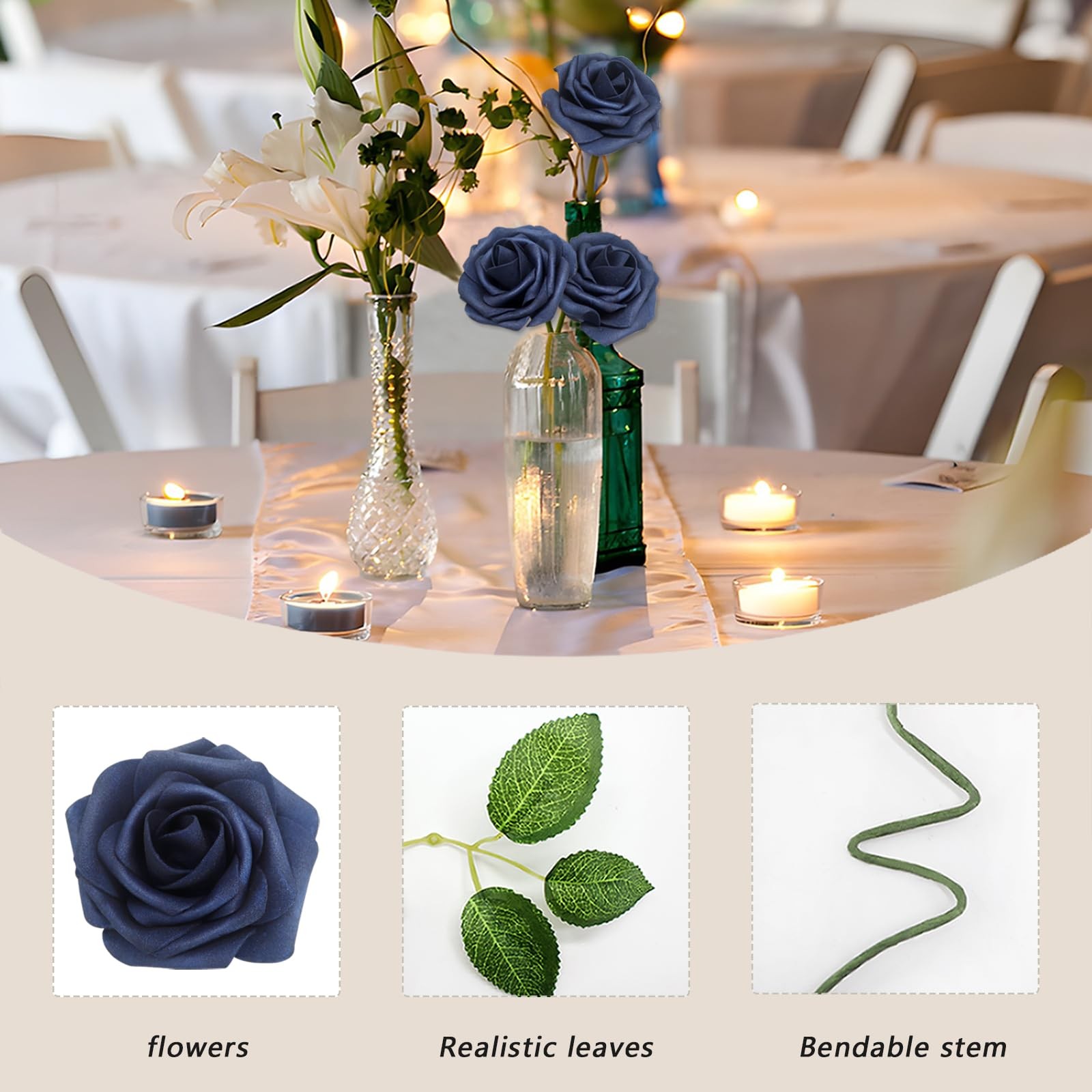 100 PCS Navy Blue Artificial Foam Roses Real Looking Fake Flower DIY Wedding
