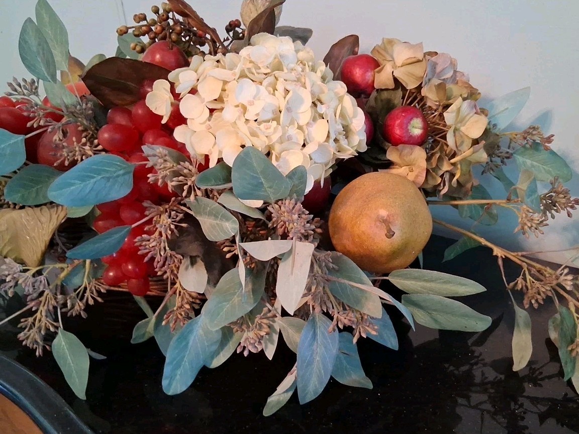 Large Vintage Faux Fruits and Flowers Centerpiece In Basket, Victorian Style
