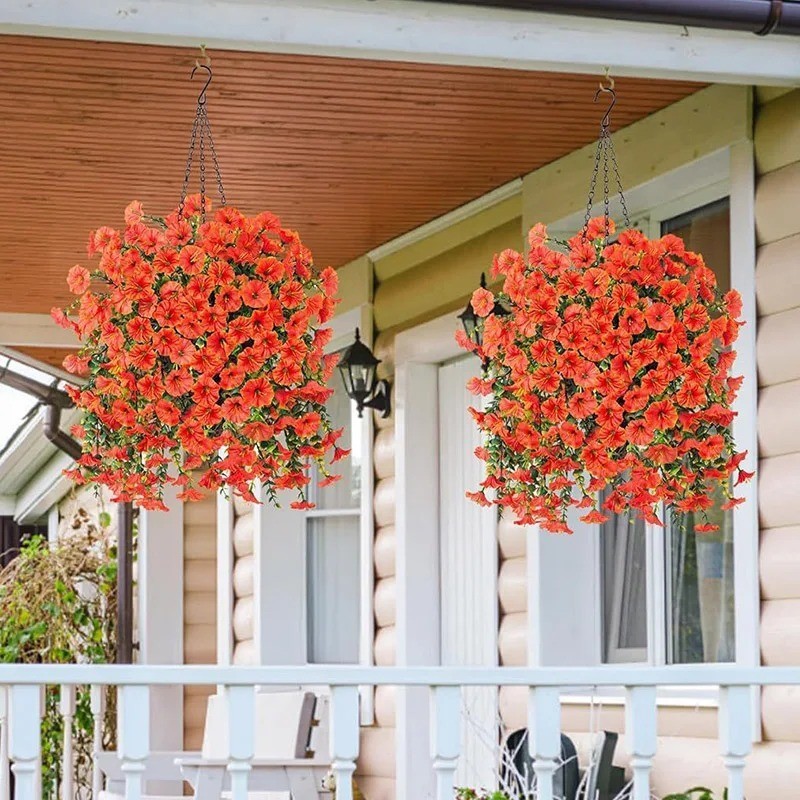 UV Resistant Faux Silk Morning Glory Hanging Flowers for Outdoor Decor 1 Pc Red