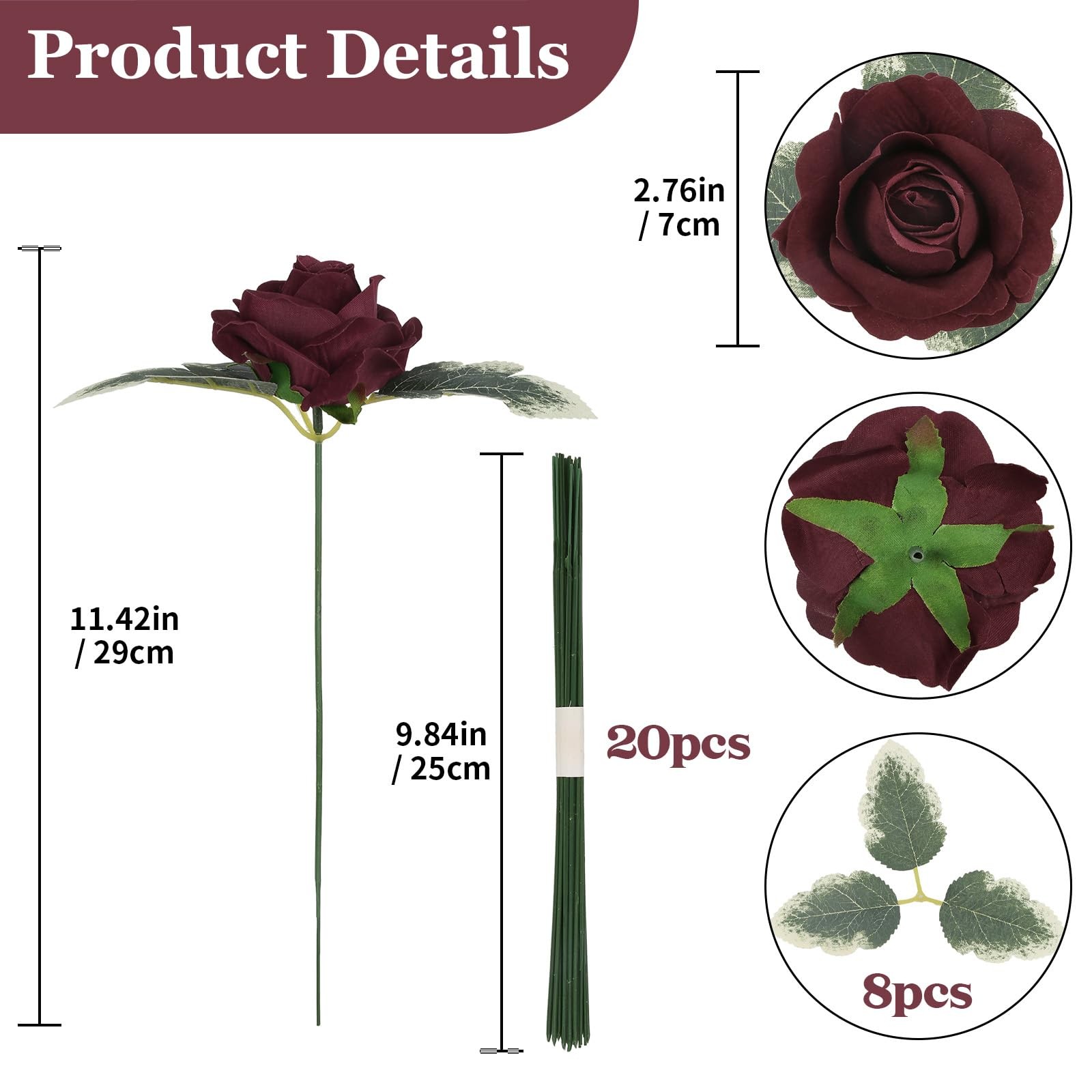 20pcs Burgundy Roses Artificial Velvet Flower Heads Realistic Faux Rose Flowe…