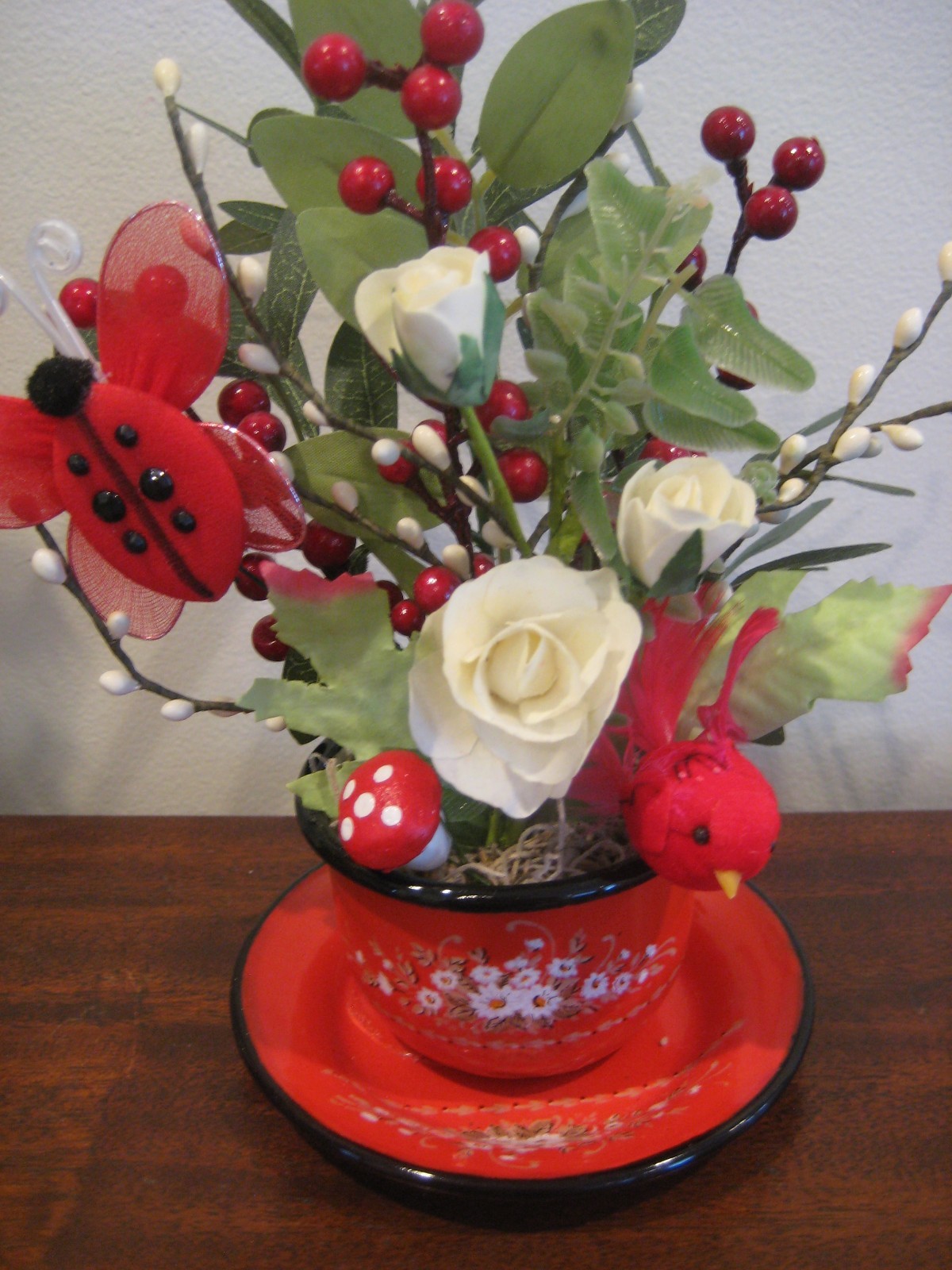 Flower Arrangement – Vintage Enamelware Cup Saucer – Table Decor – Centerpiece