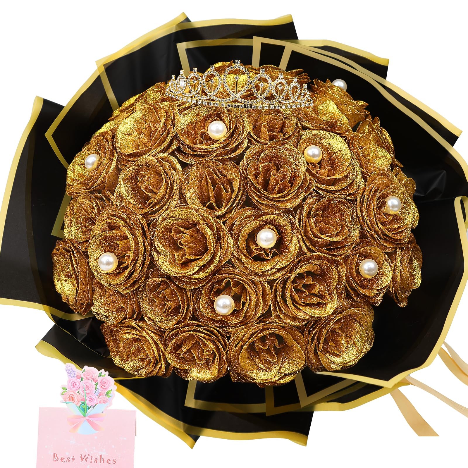 DIY Glitter Roses Bouquet Gold- 36 Pack Fake Shiny Flowers with Stems Eternal…