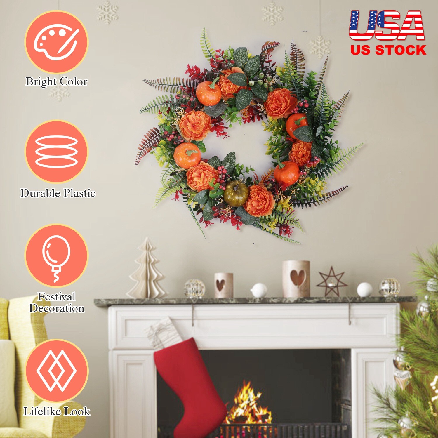 17″Autumn Wreath with Pumpkin Mixed Leaves Berries Flowers Fall Home Party Decor