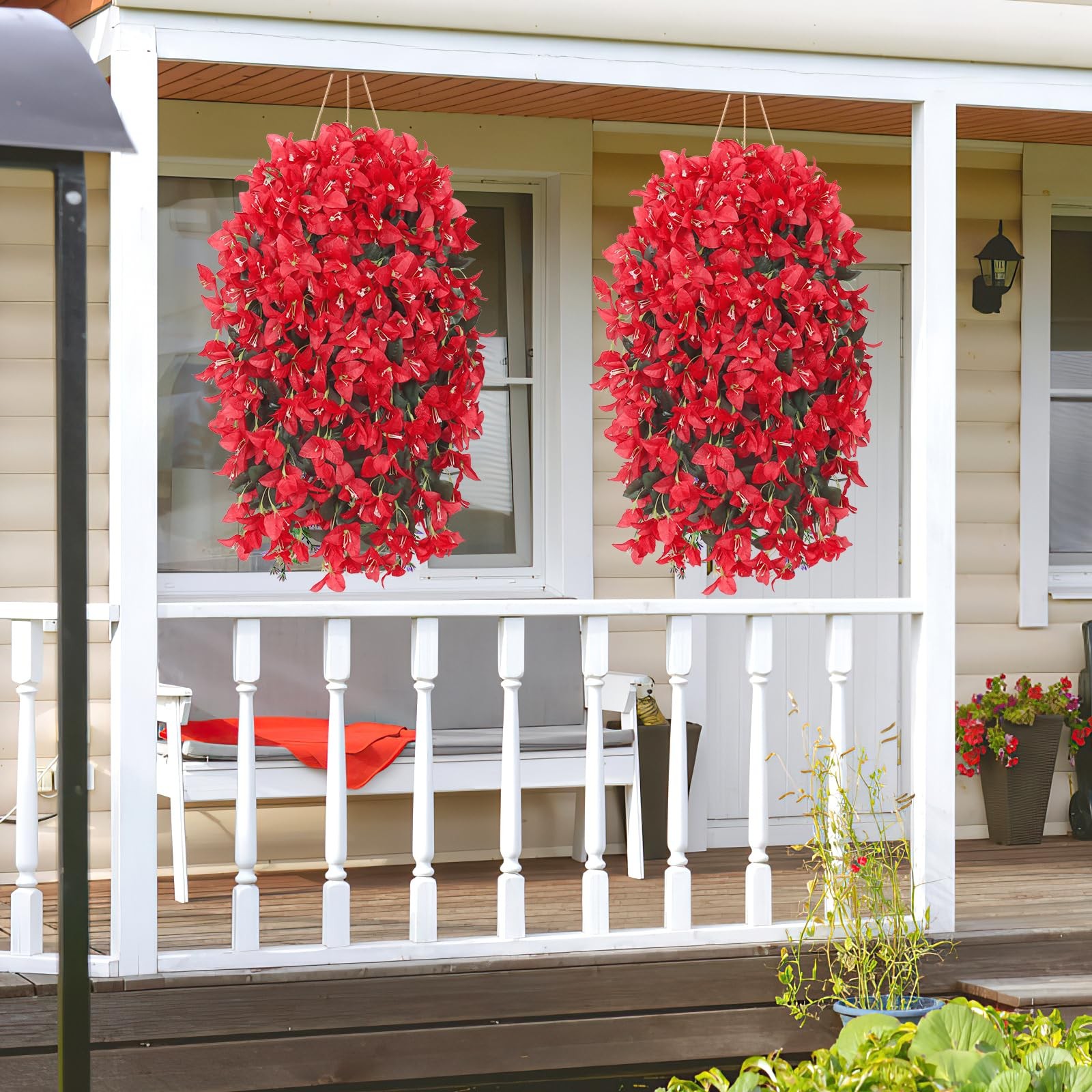 UXORSN 2PCS Faux Bougainvillea UV Resistant 12.3″D x 4″W x 3.3″H, Red