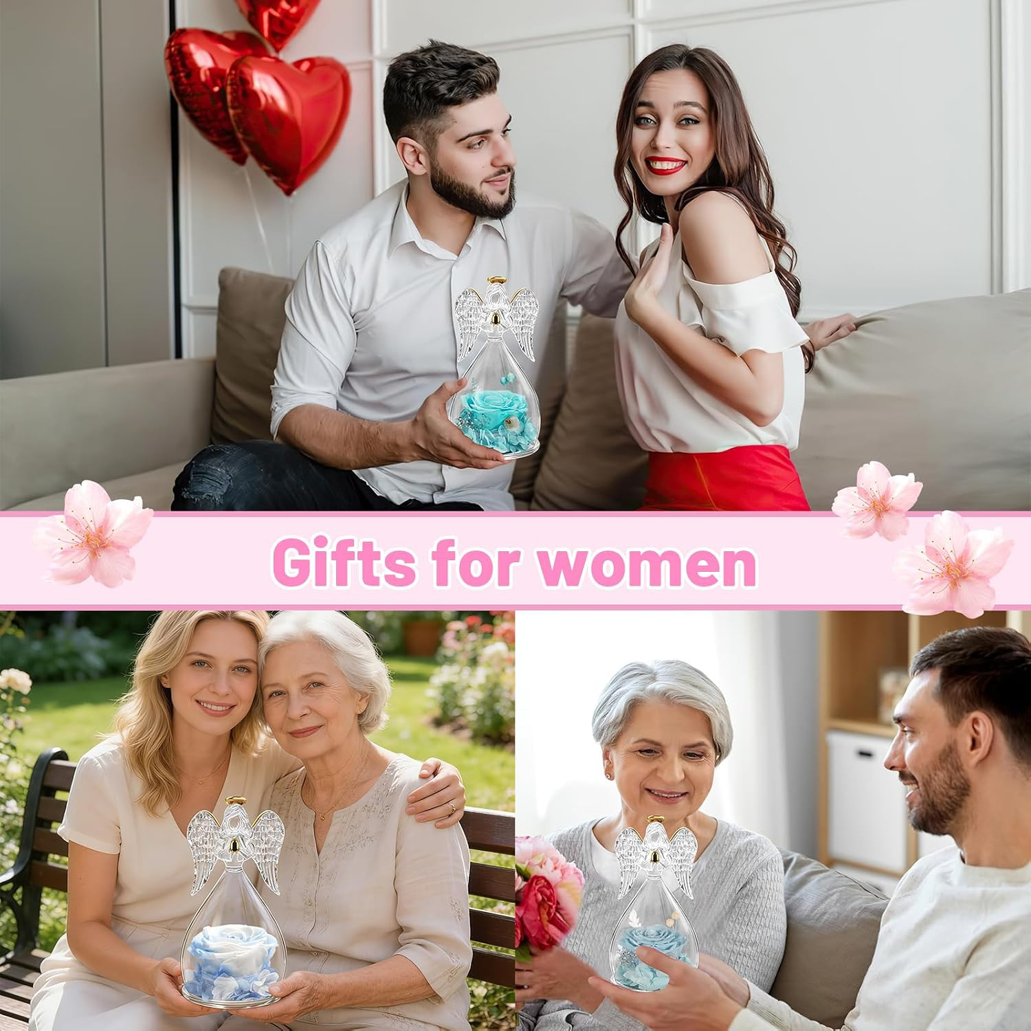 Yamonic Mom Birthday Gifts for Mom, Glass Angel Figurines Forever Real Rose Gift