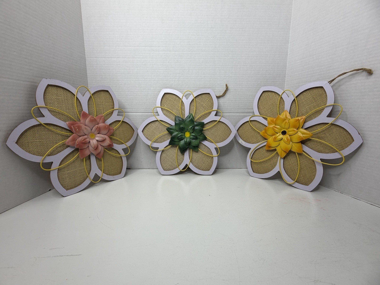 3 Wood Burlap & Metal 3D Flowers Decor Hanging 12” Wall Home Decor Wall Hanger