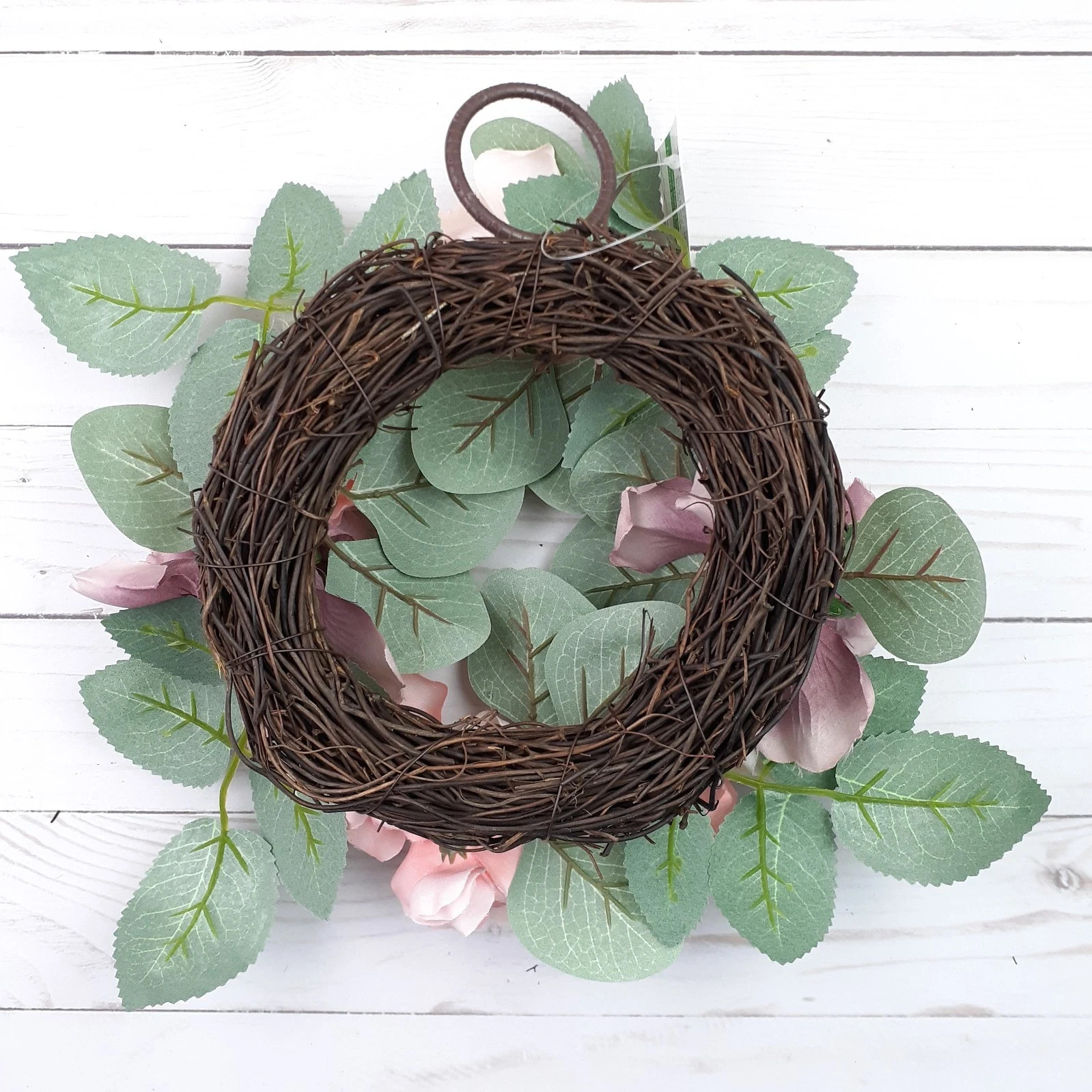 Candle Ring Wreath Pink Rose Flowers Floral 5″ inside 10″ Overall