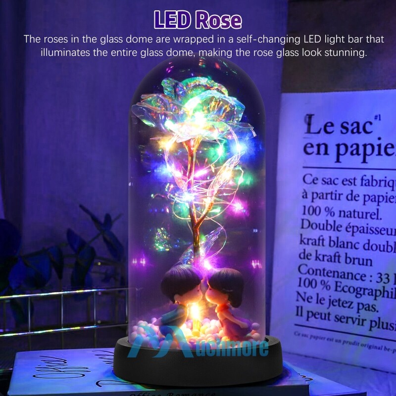 Rose in Glass Dome Preserved Flower Decortions Dome w/ LED Lights Gifts for Her