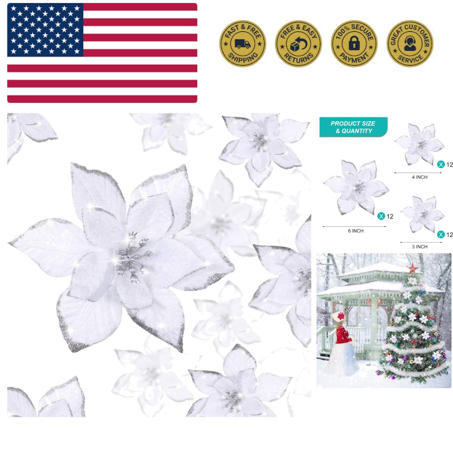 36 Pcs 3 Size Christmas Poinsettia Christmas Tree Flowers Glitter Faux Flower…