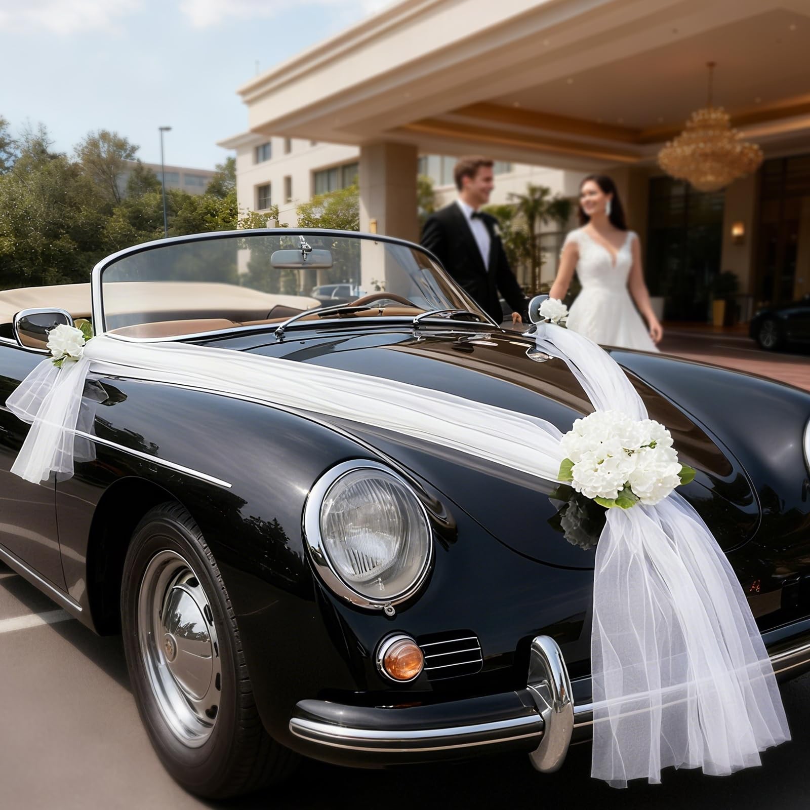 Elegant Wedding Car Decoration with Satin Ribbons & Floral Accents
