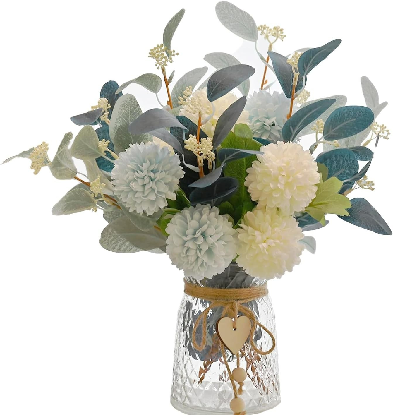 Faux Flower Bouquet with Adjustable Stems and Rustic Glass Vase – Home Decor