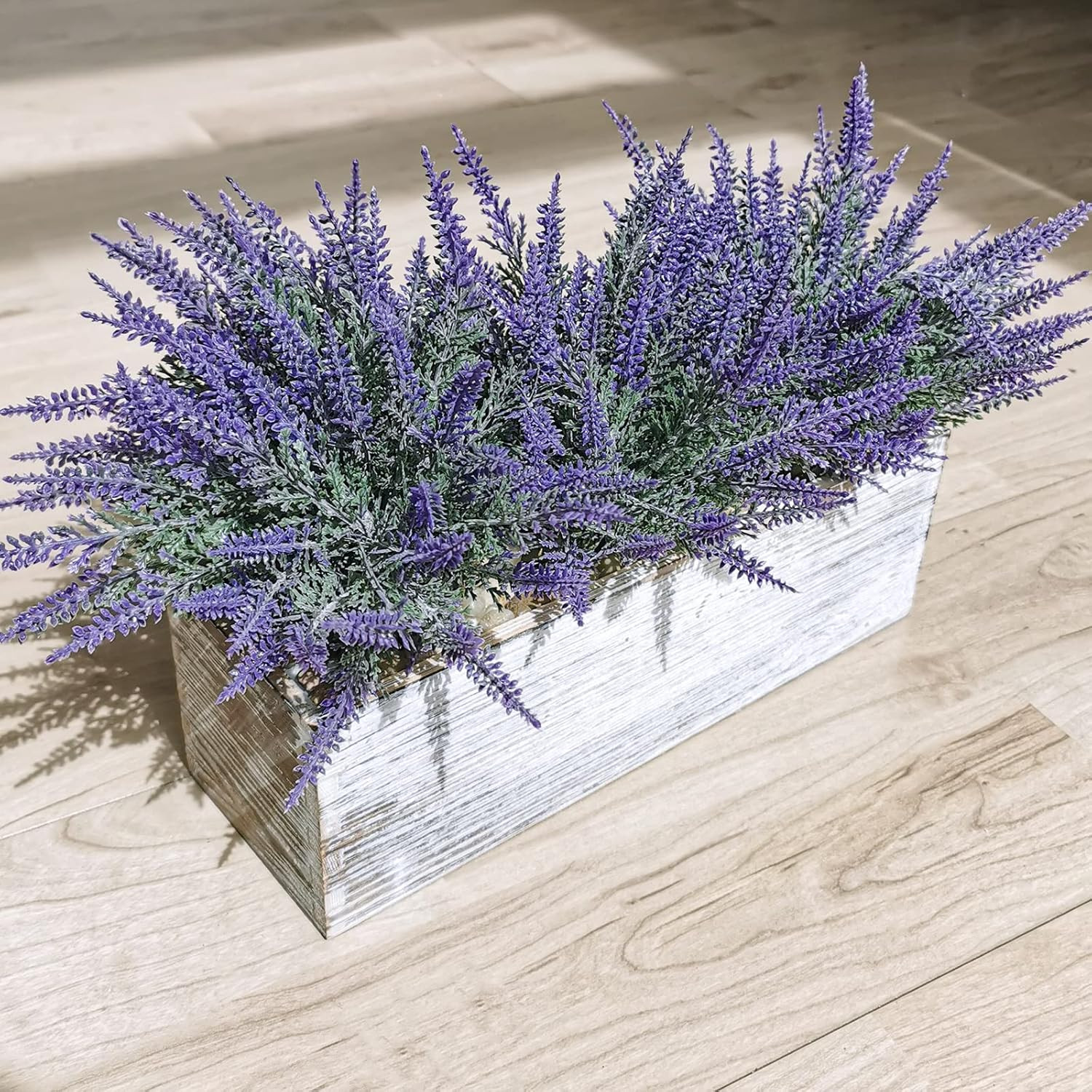 Fake Lavender Flower Arrangement in Rustic Rectangular Wood Planter Box Artifici
