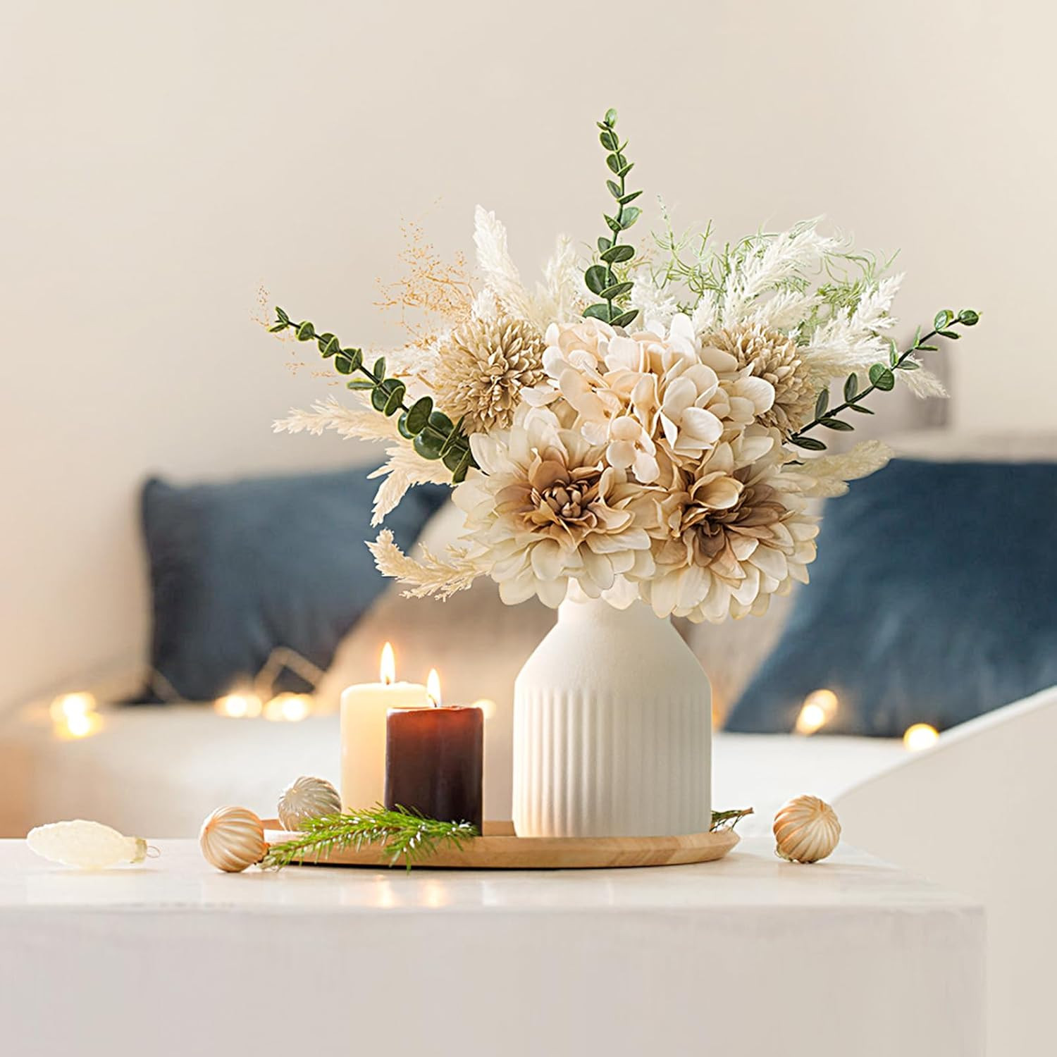 Small Artificial Flowers in Ceramic Vase Centerpieces Coffee Table Decor, Silk F