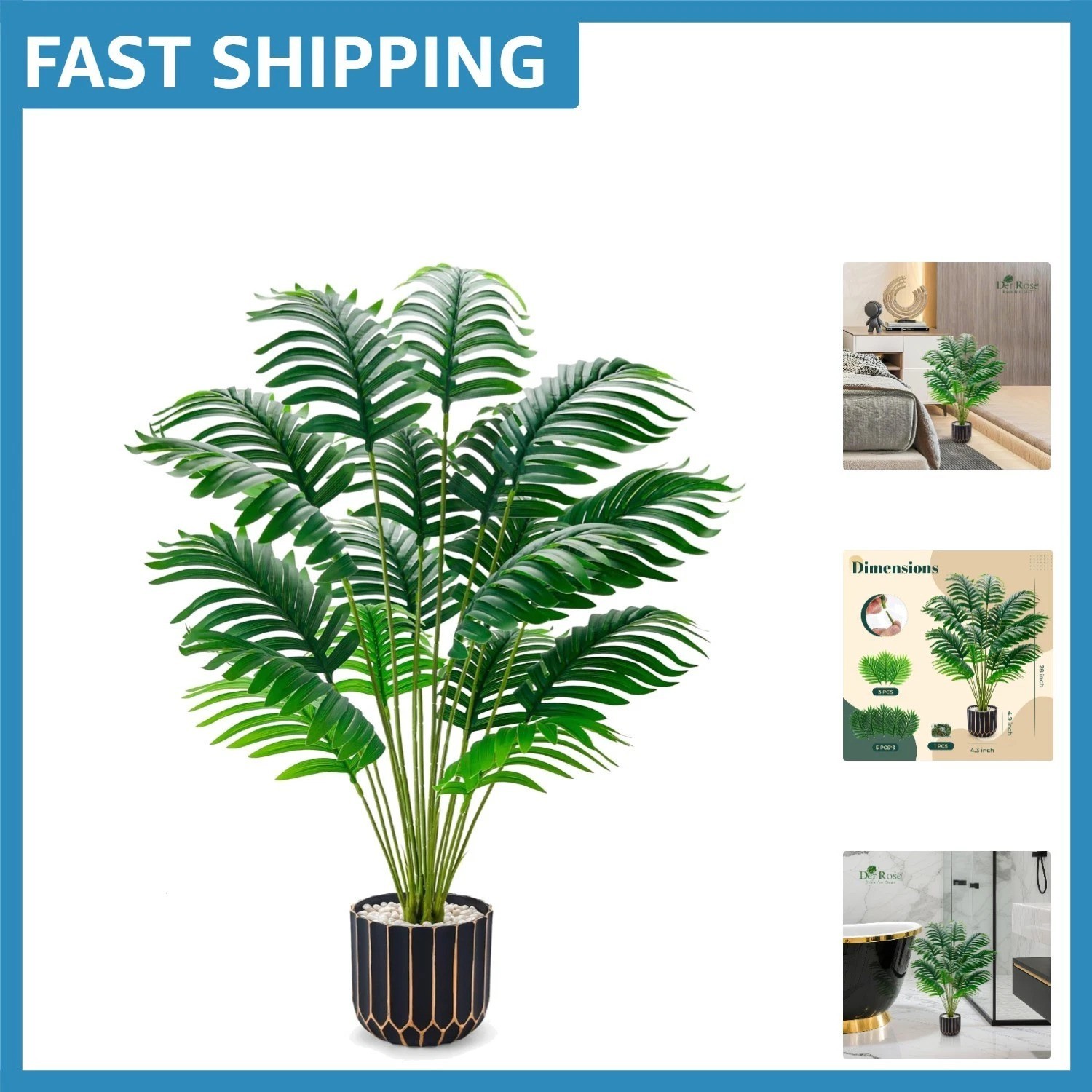 Realistic 28” Tall Faux Palm Tree with Black & Gold Pot for Stylish Home Decor