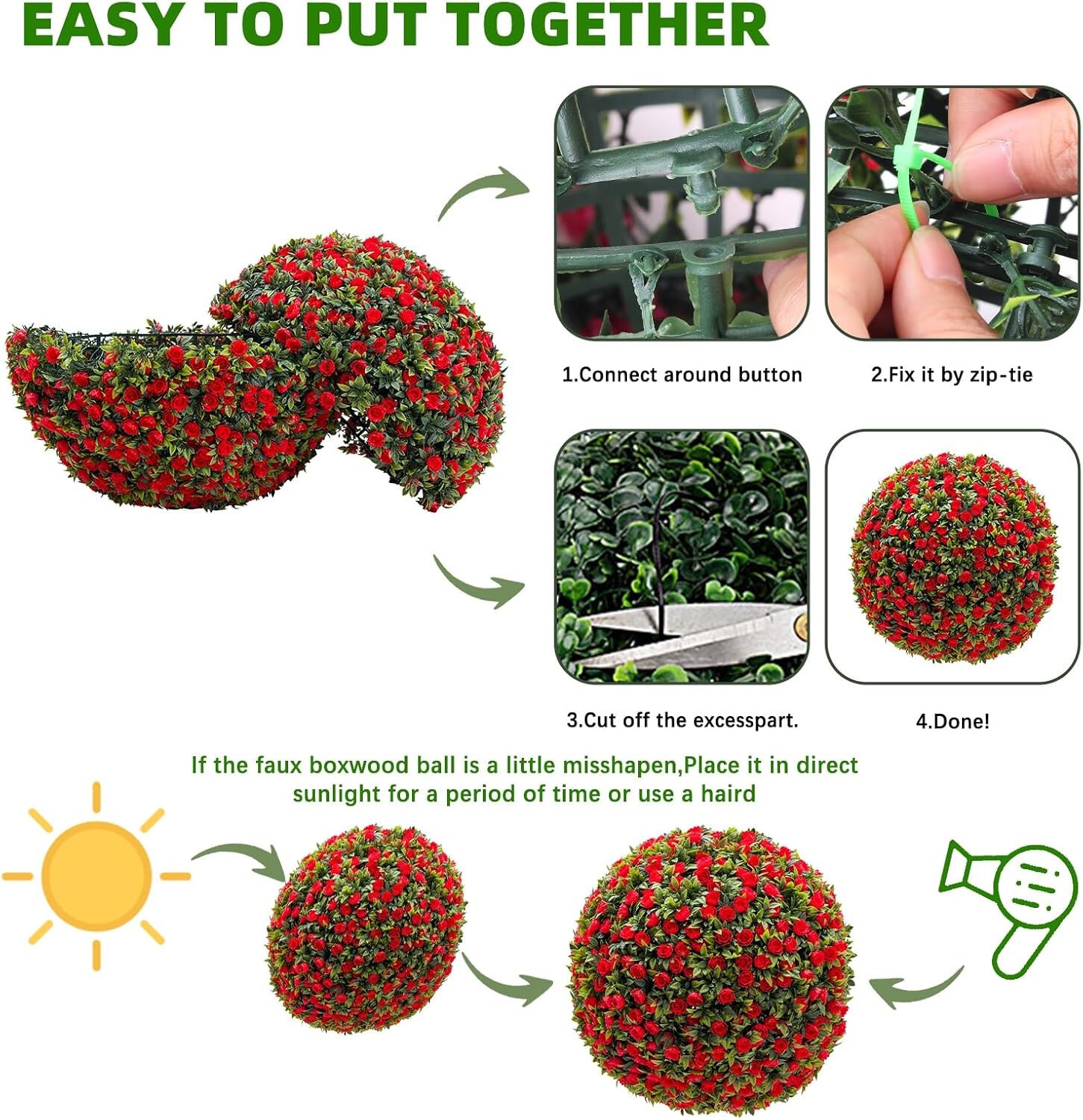 Set of 2 Artificial Topiary Flower Balls Hanging Grass Ball for Home Party Decor