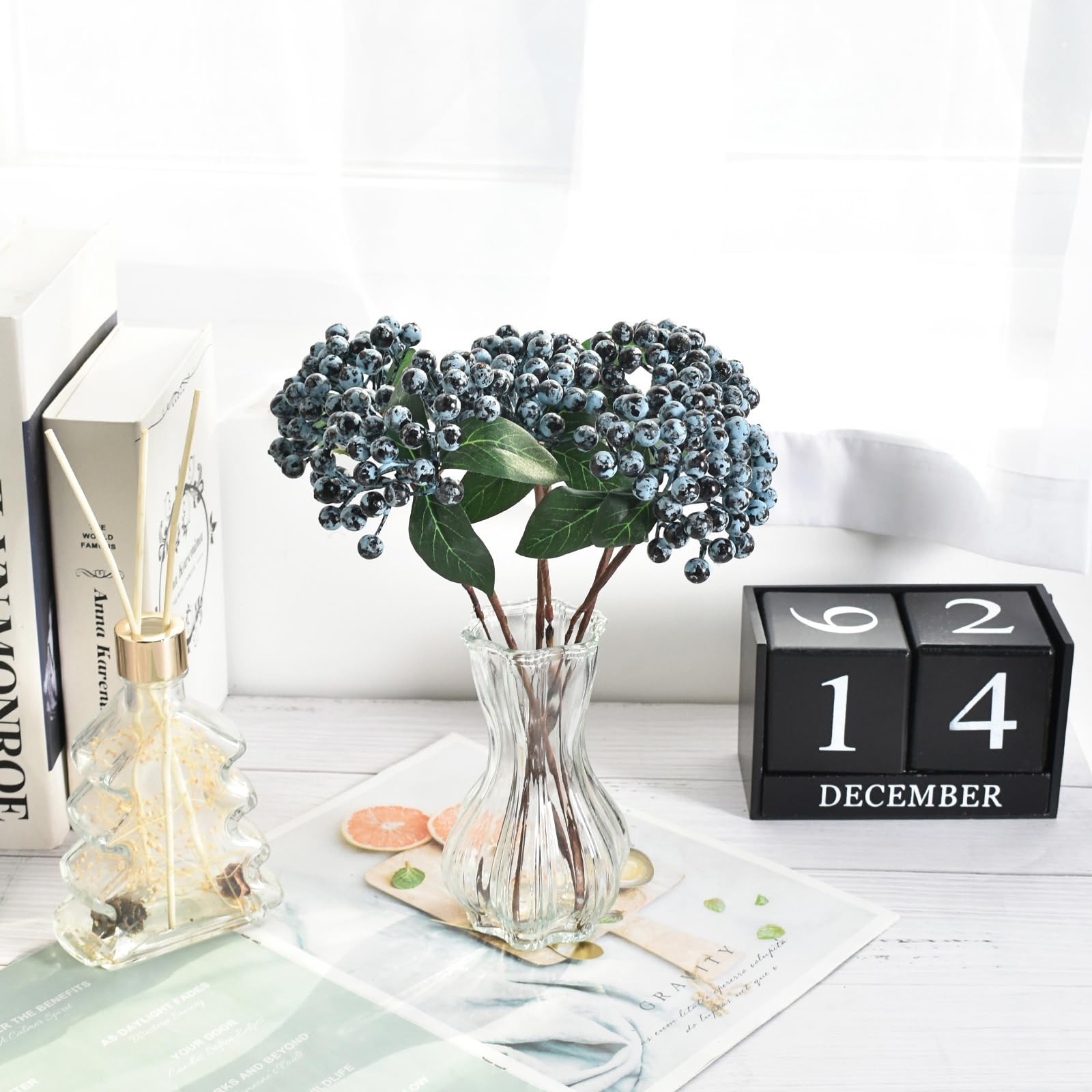 Artificial Blueberry with Stems, 6Pcs 11.4″ Fake Blueberries Artificial Berri…