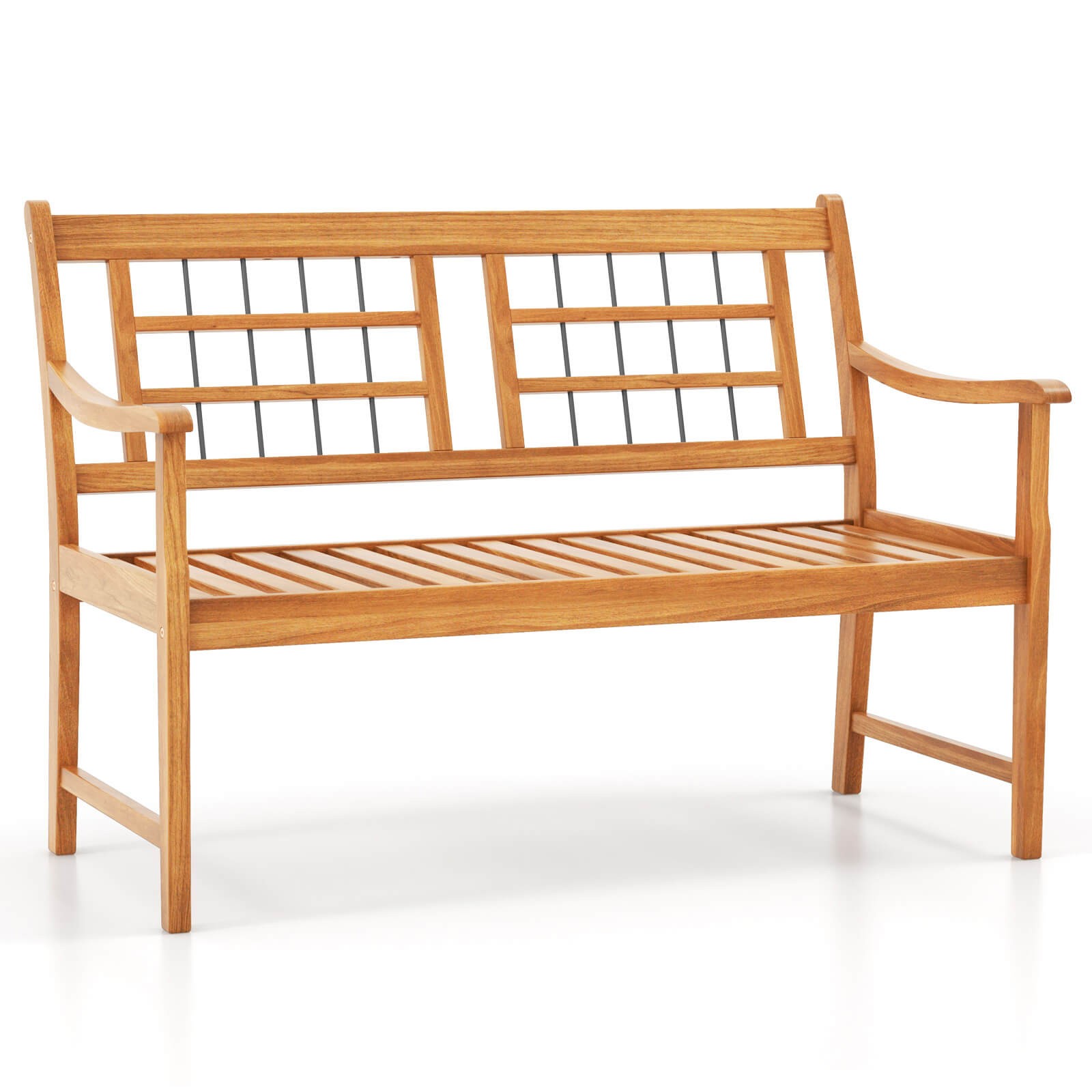 2-Person Patio Bench Outdoor Acacia Wood Bench w/ Slatted Seat & Backrest