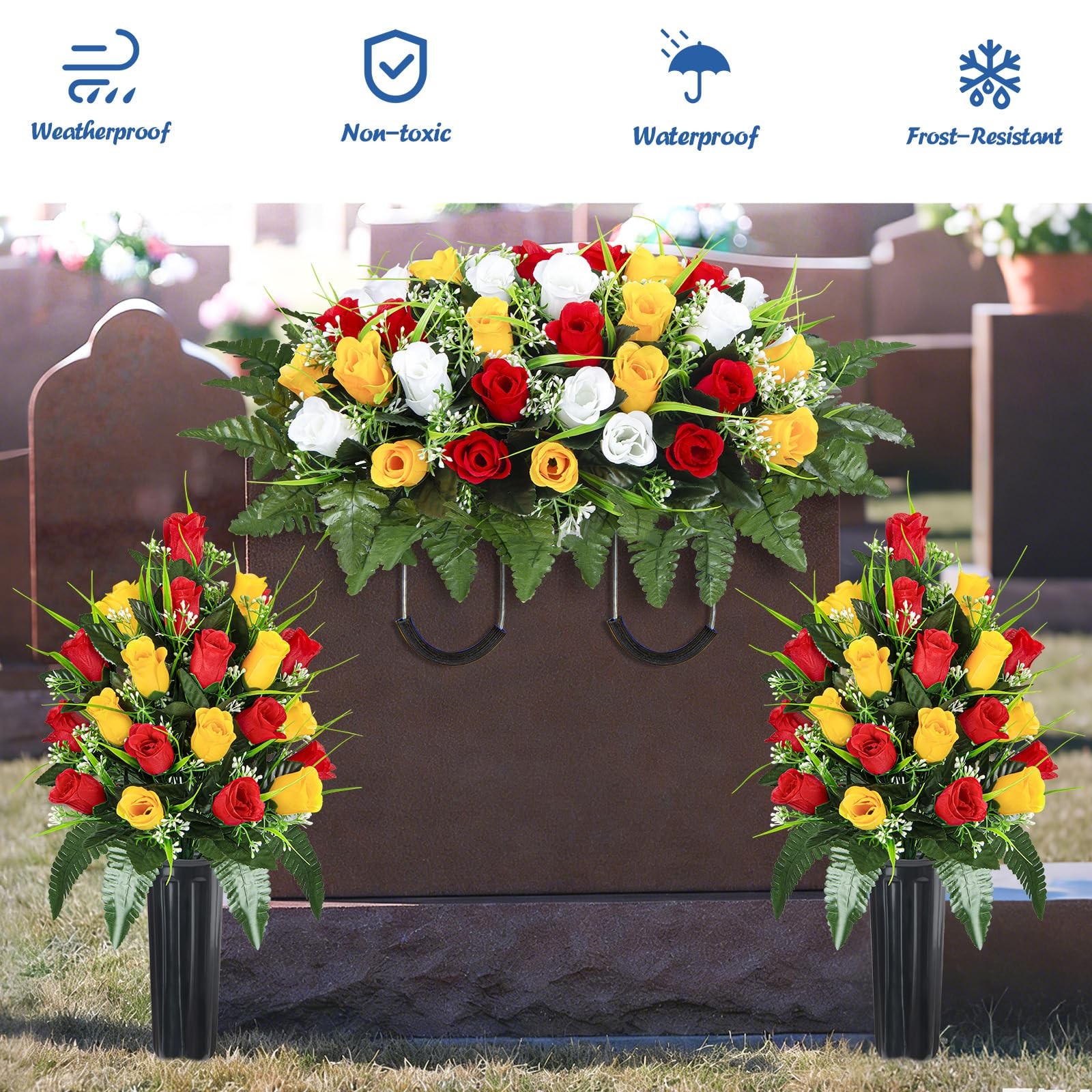 Artificial Cemetery Flowers Saddle, 2 Sets Grave Flowers Rose with Vase, Memo…