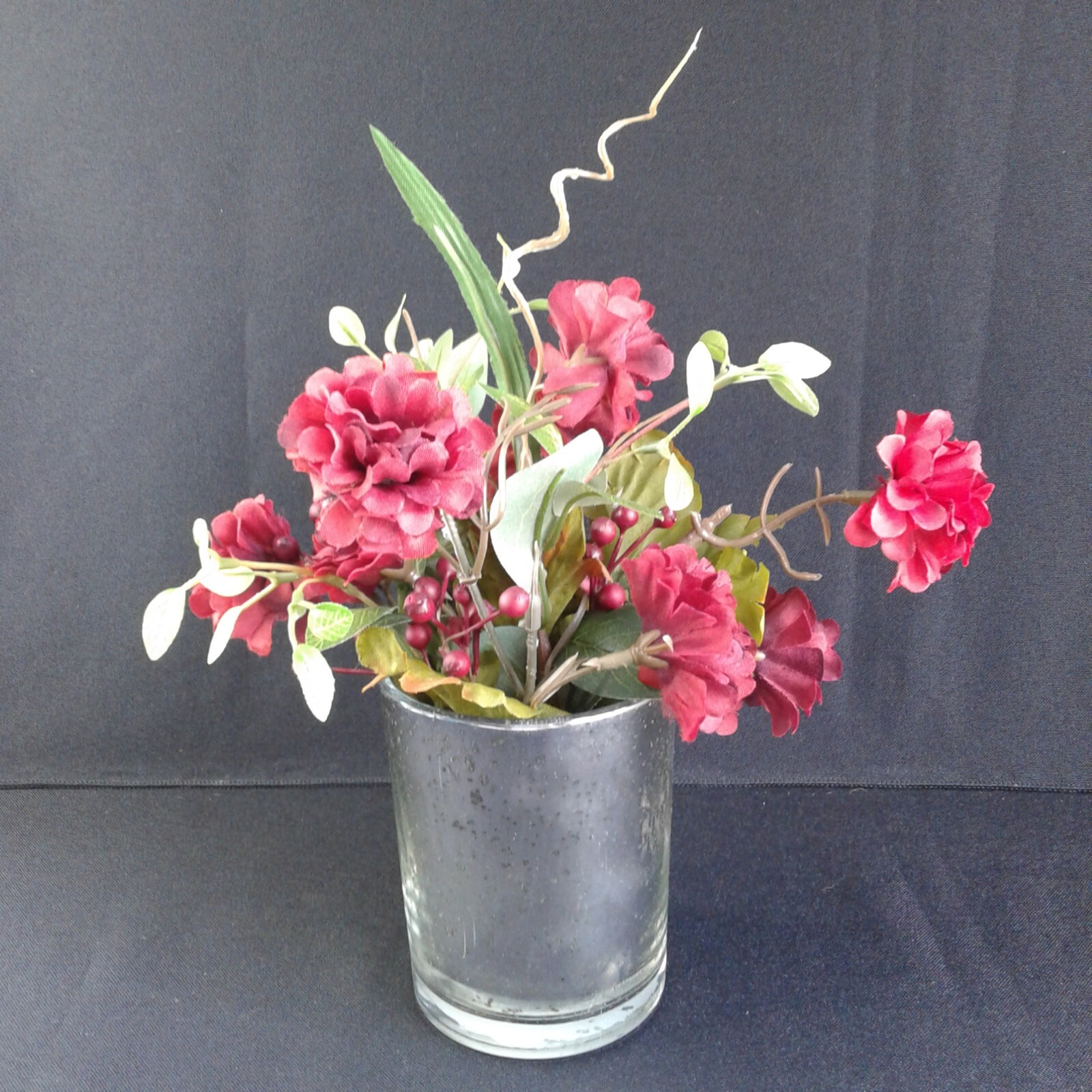 Silver speckled Vase Maroon Flower Arrangement Handmade Chic Country Rustic 1355
