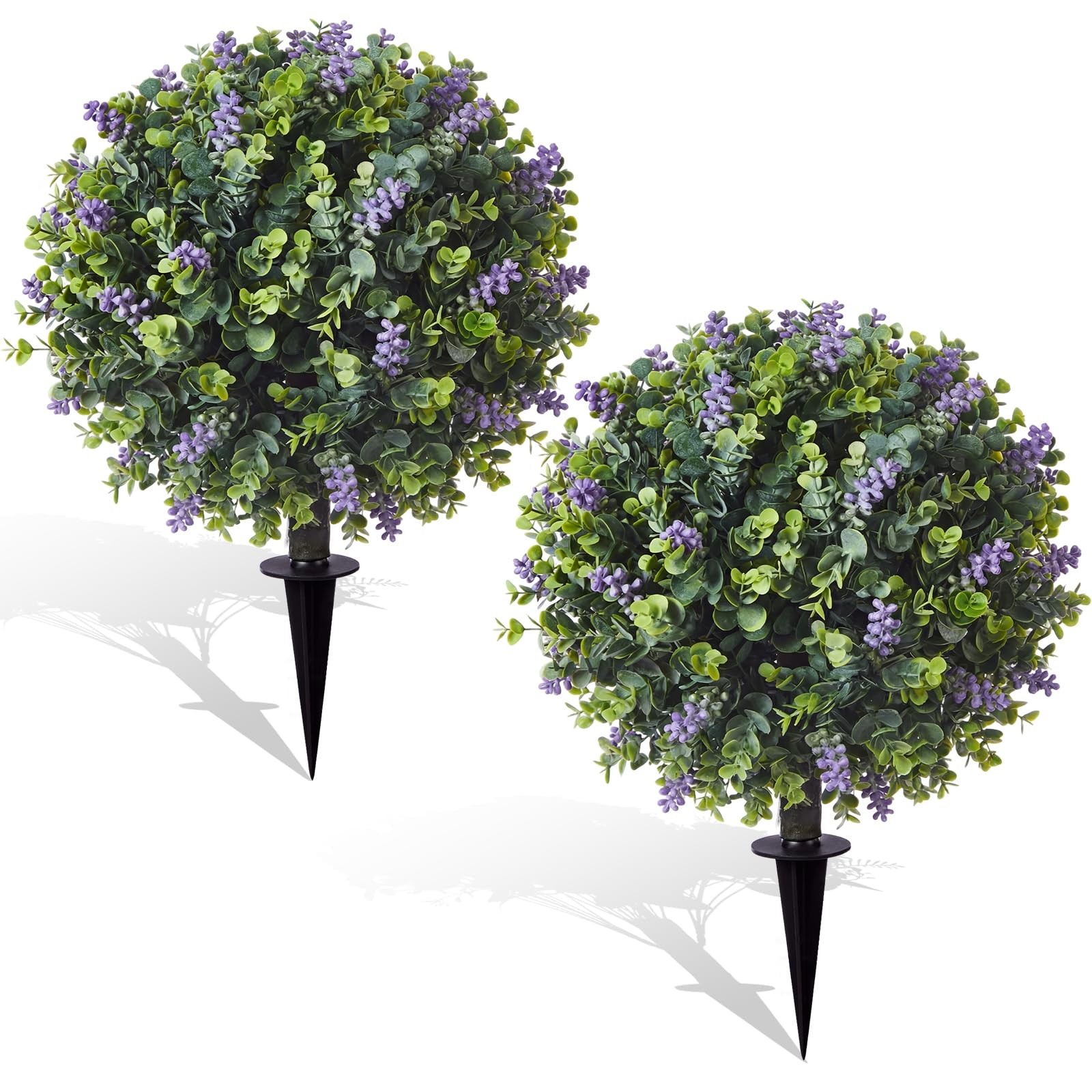 Yunlly 2 Set Artificial Boxwood Topiary Ball Tree with Flower, 23.6 UV Resist…