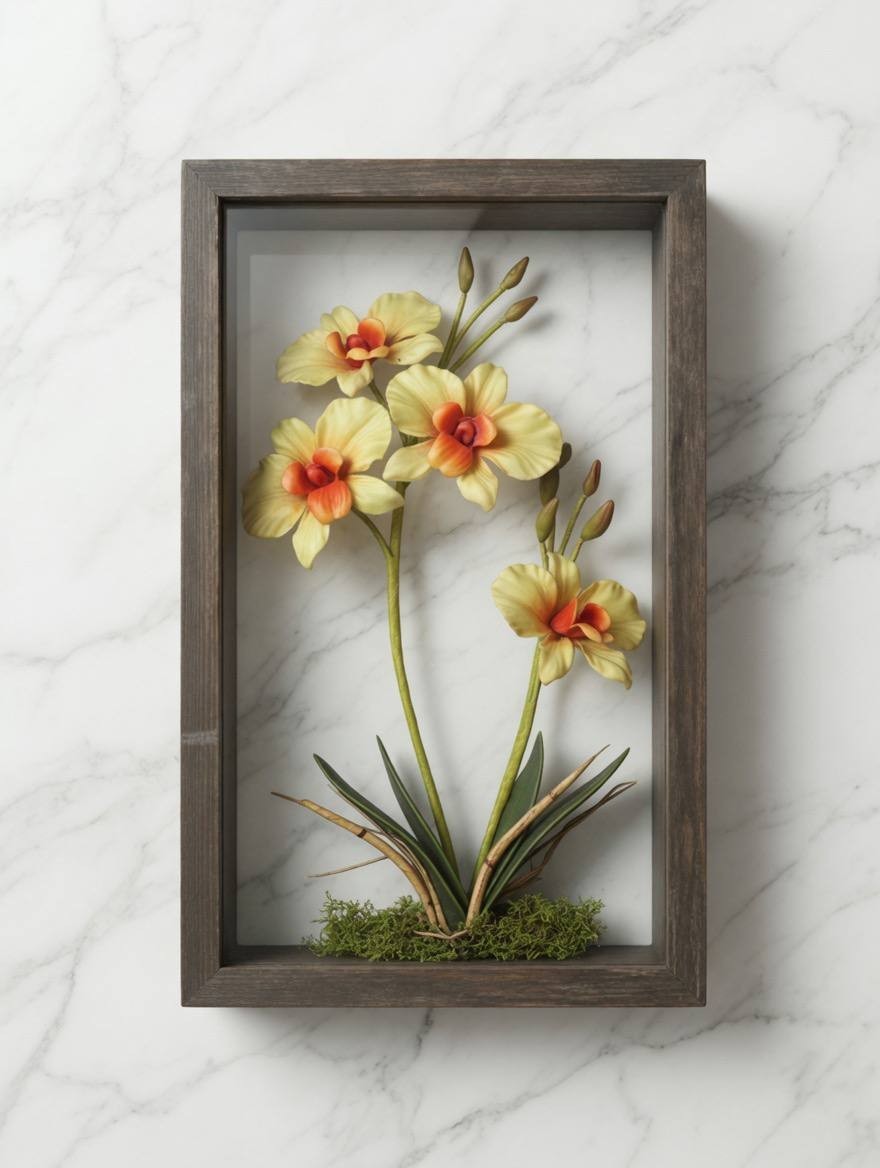 Vintage 3D Orchid Shadow Box Floral Wall/Table Decor 1980s Retro Frame