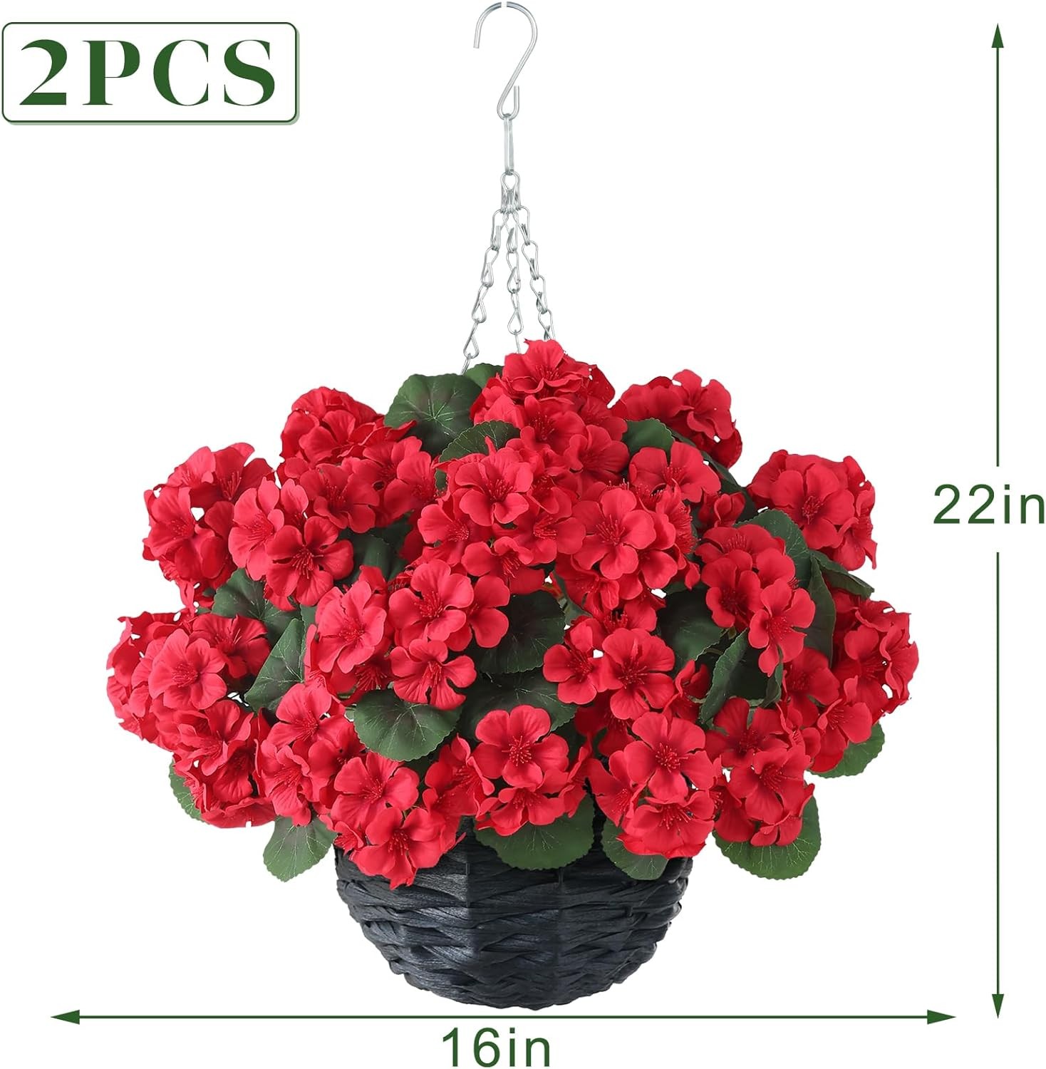 2 Set Artificial Geraniums Flowers with Hanging Baskets for Outdoors – Sun Resis