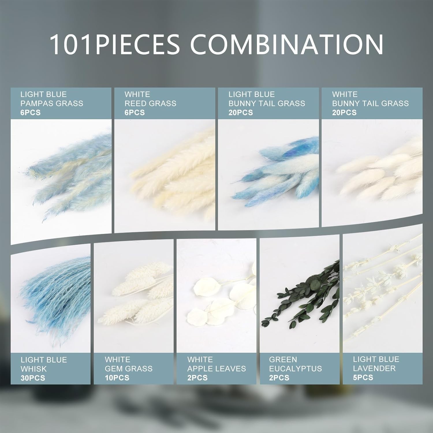 Pampas Grass Decor 101pcs Blue Dried Flowers Boho Indoor Wedding Beach Theme DIY