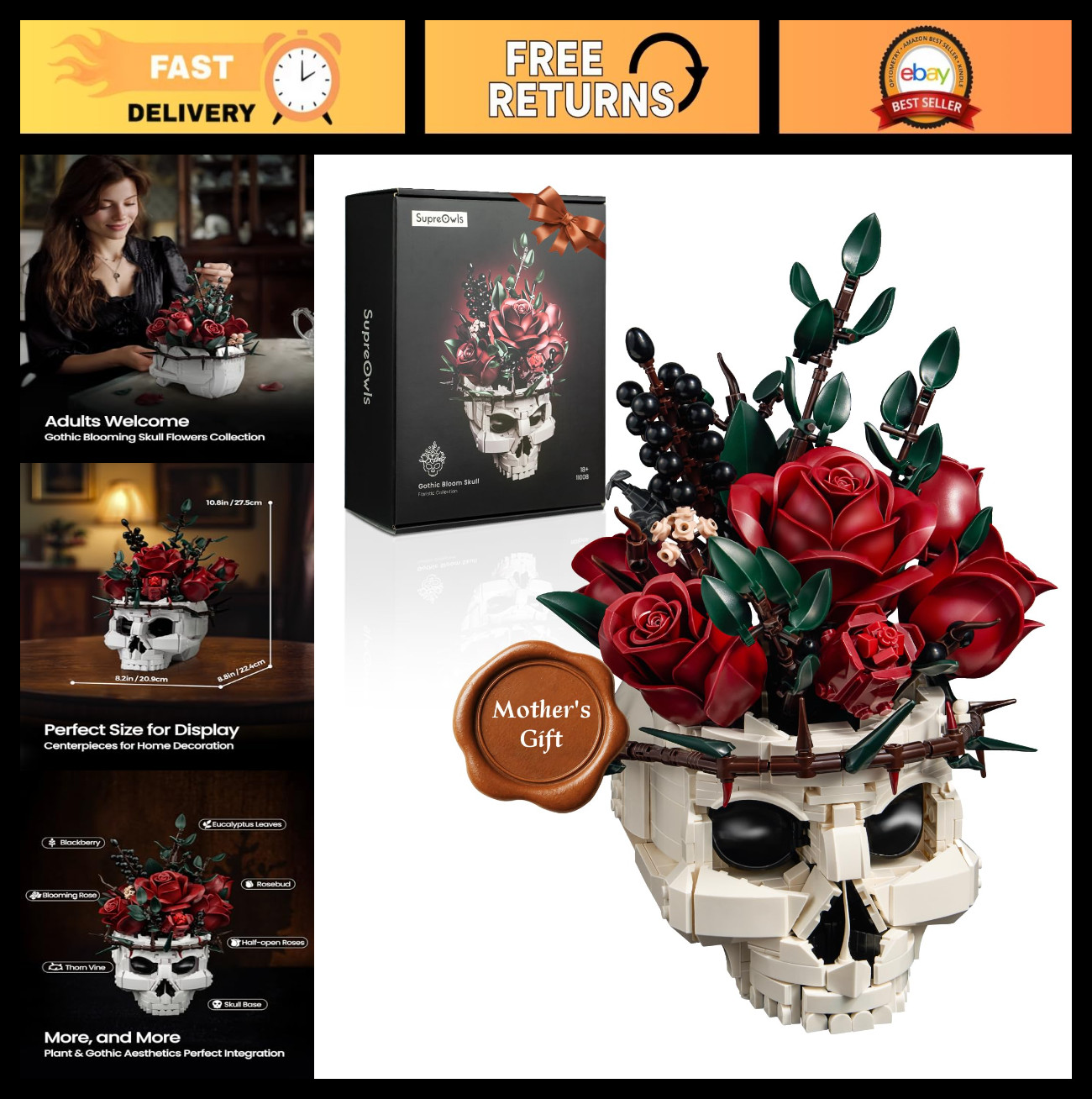 Skull Roses Flower Bouquet Building Set – Gothic Home Decor Kit for Adults, Perf
