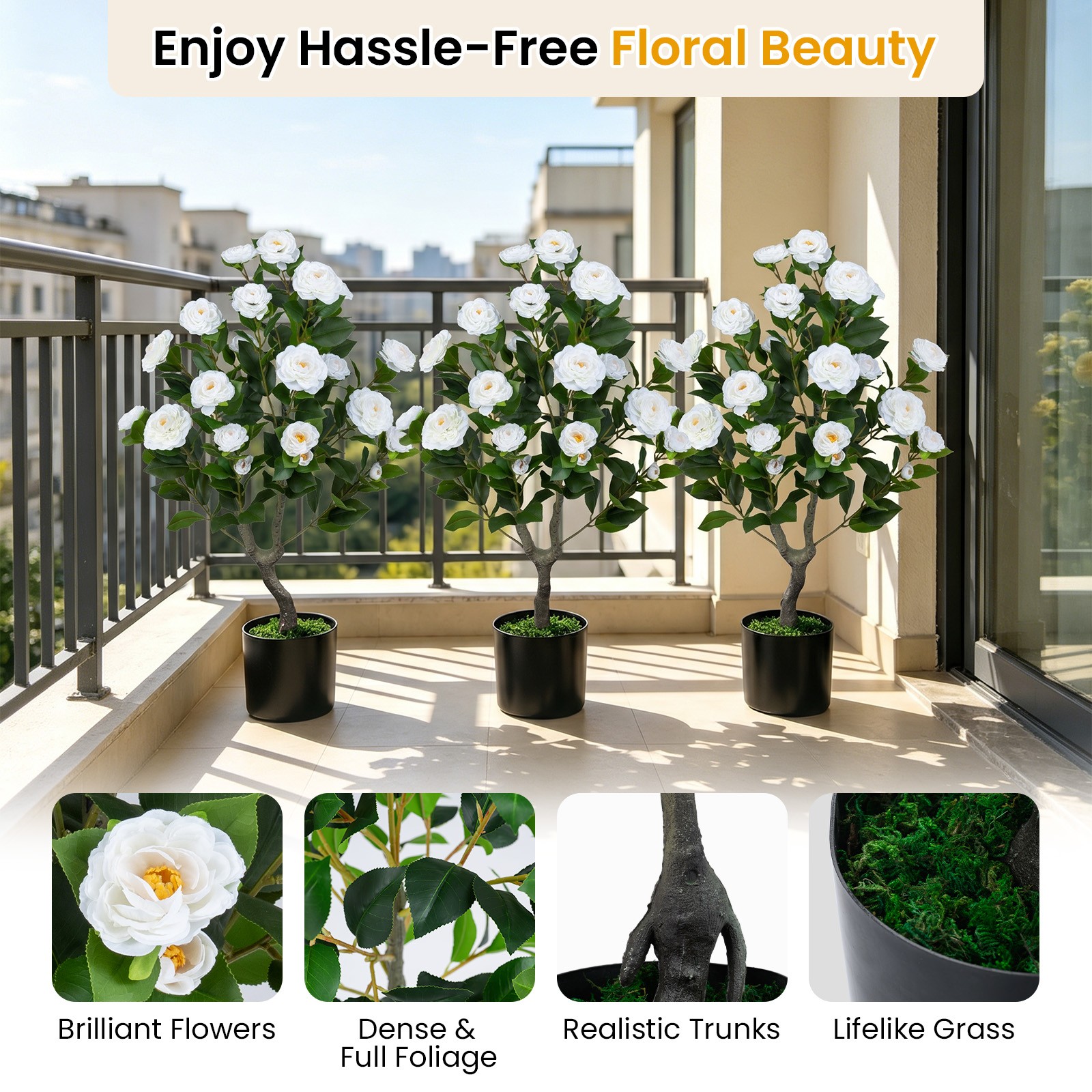 Artificial Camellia Tree, 35.5″ Faux Flower Plant in Cement-Filled Pot for Home