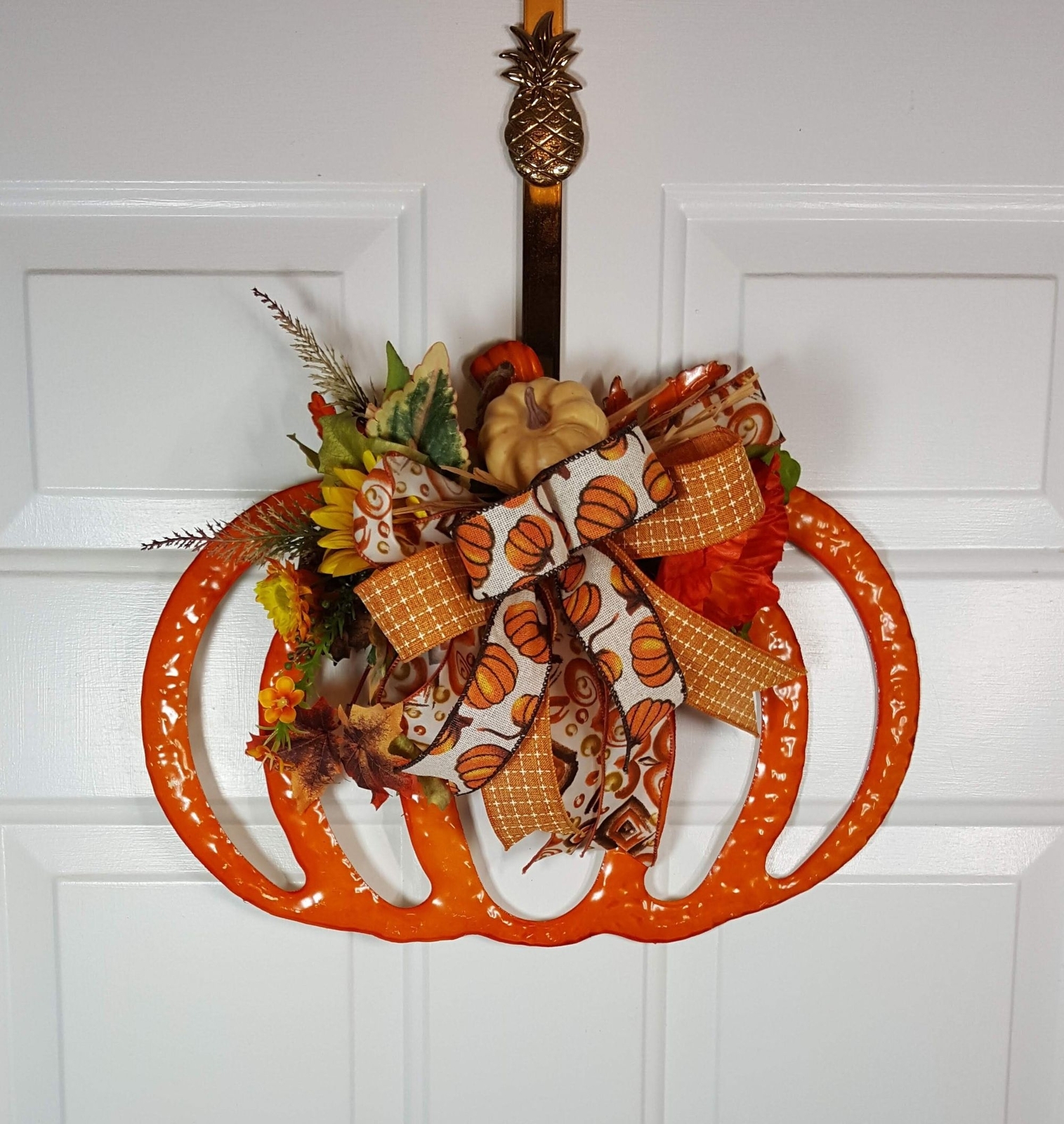 Orange Enamel Fall Pumpkin Wreath, Fall Halloween Decor, Sunflowers & Leaves