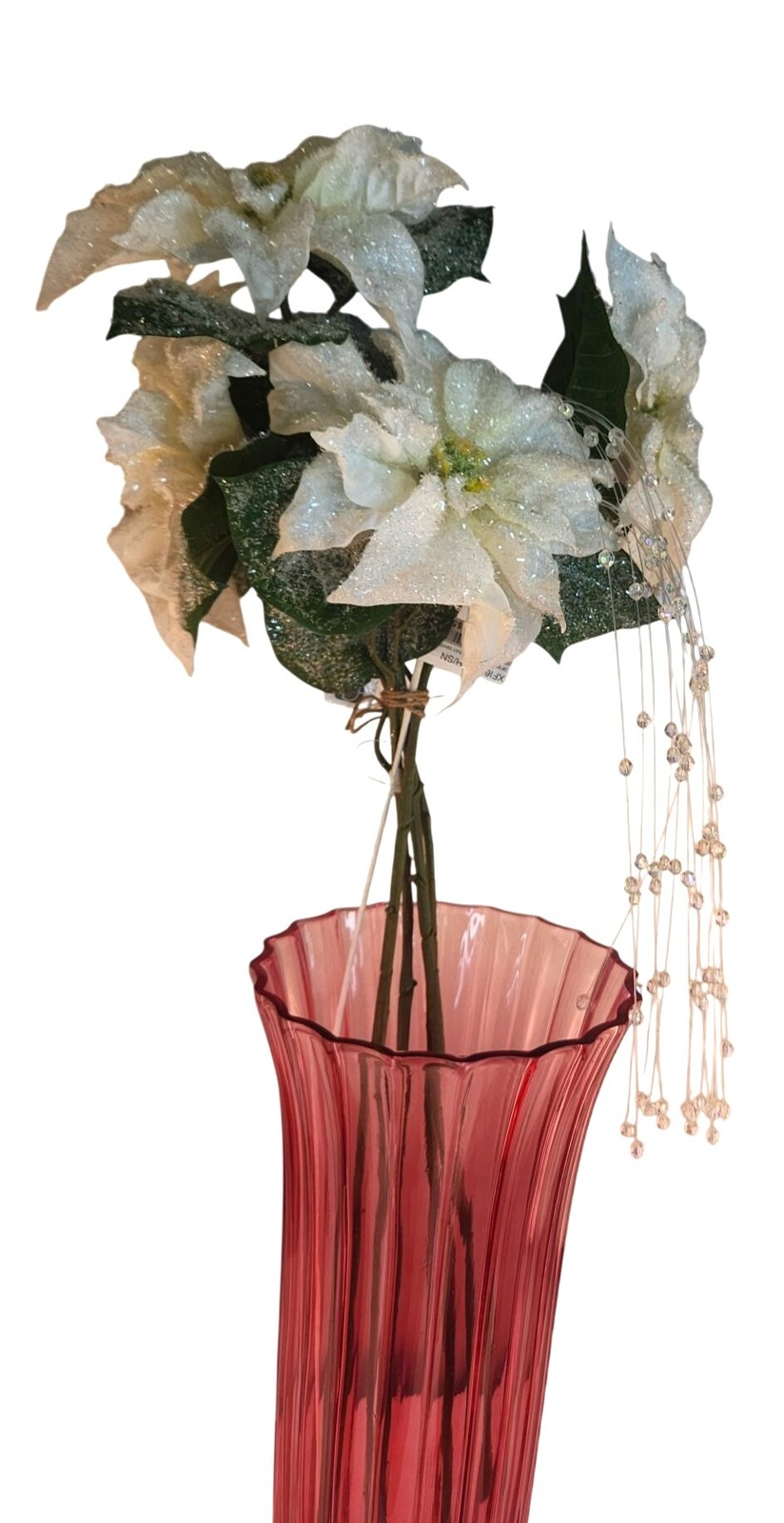White Glitter Poinsettia Artificial Flowers With Crystal Bead Accents 4 Stems &