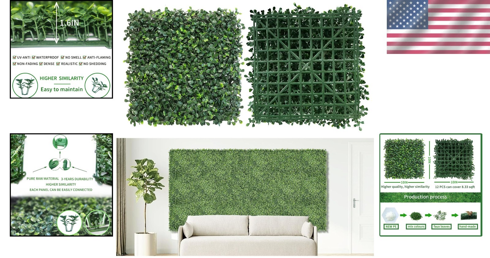 12 Pcs Faux Boxwood Wall Panels – 10×10 Inches for Indoor/Outdoor Green Decor